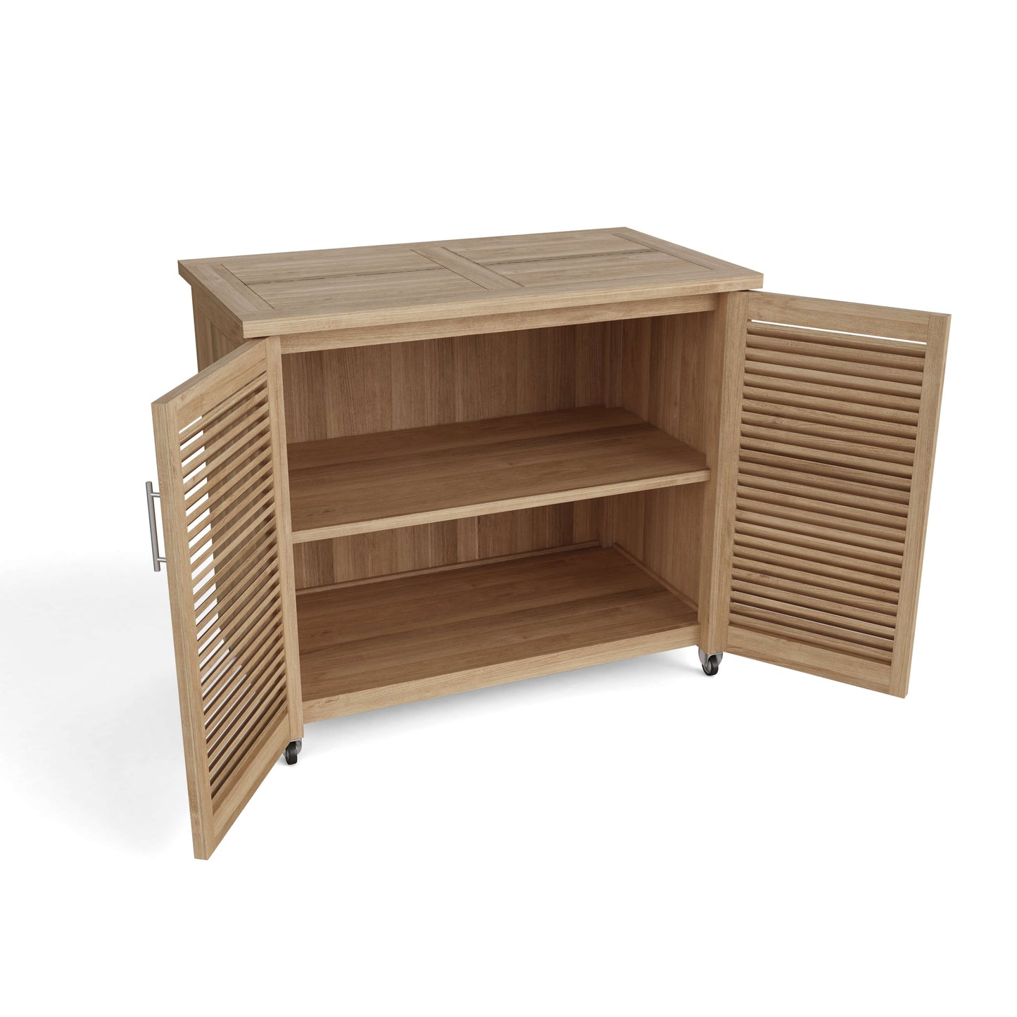 Wooden cabinet with open doors on a white background