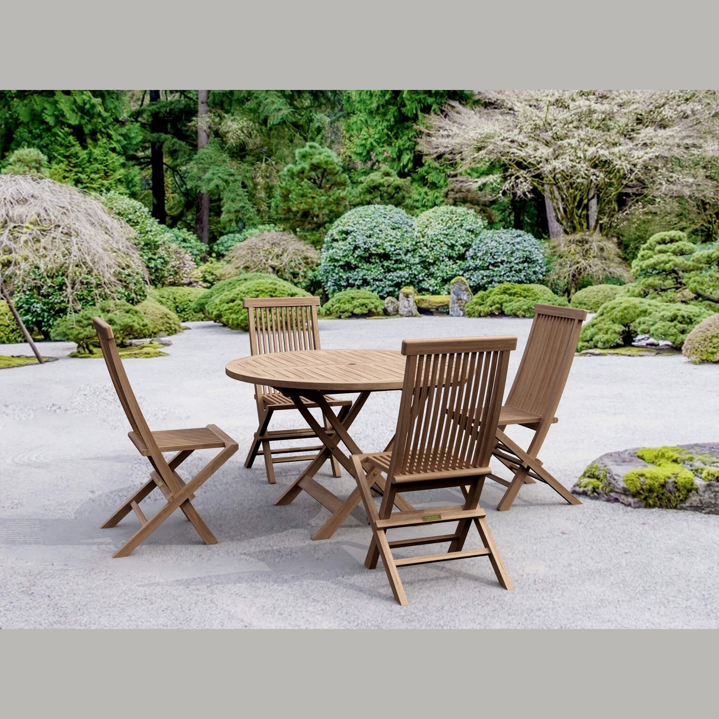 Wooden outdoor table and chairs set in a garden setting