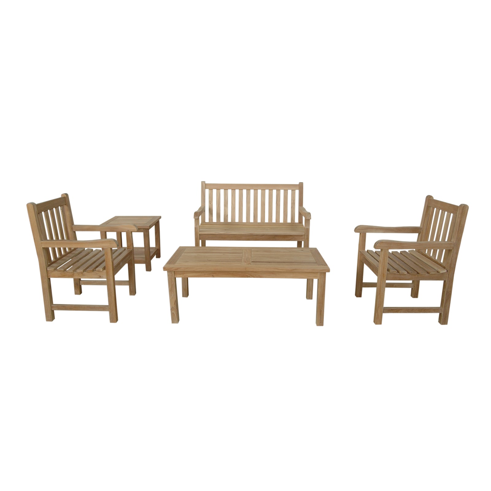 Wooden outdoor furniture set with chairs and a bench on a white background