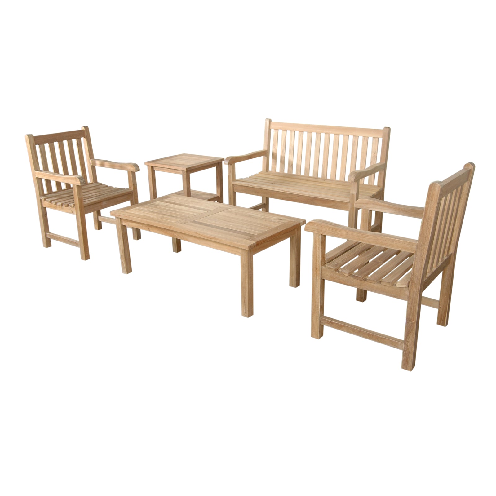 Wooden outdoor furniture set with table, chairs, and bench on a white background