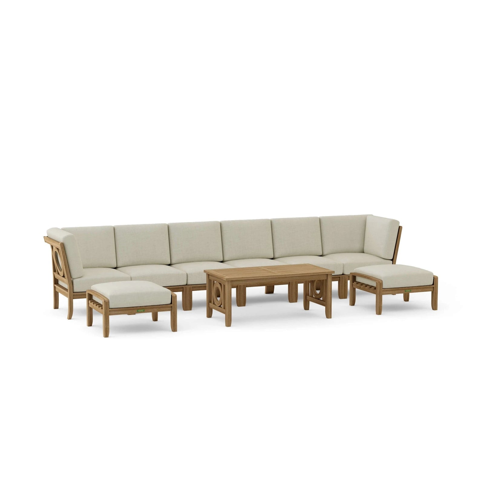 Outdoor furniture set with beige cushions on a white background