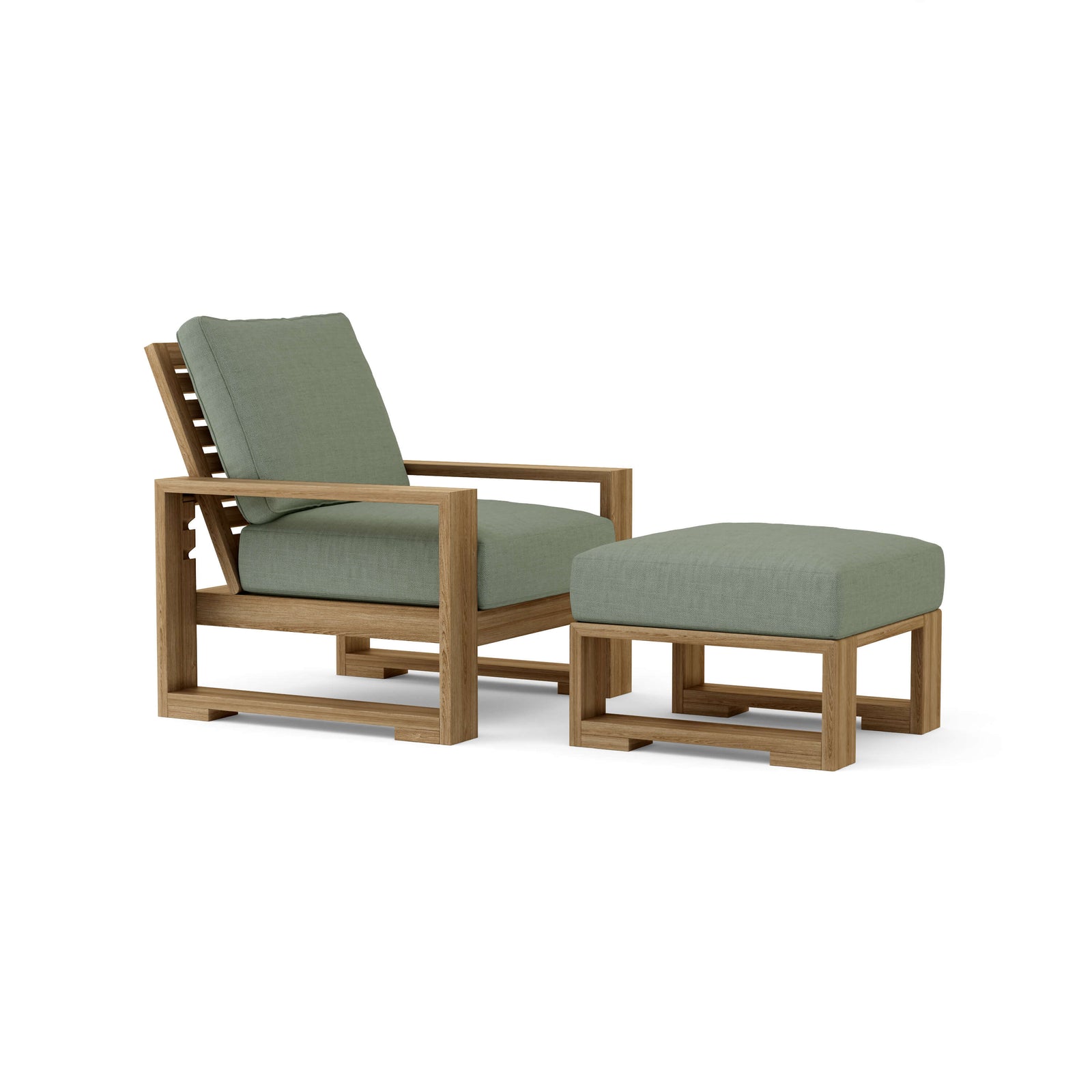 Wooden lounge chair and ottoman with green cushions on a white background