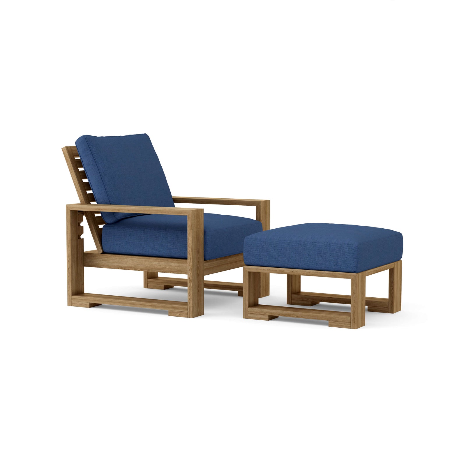 Wooden lounge chair and ottoman with blue cushions on a white background