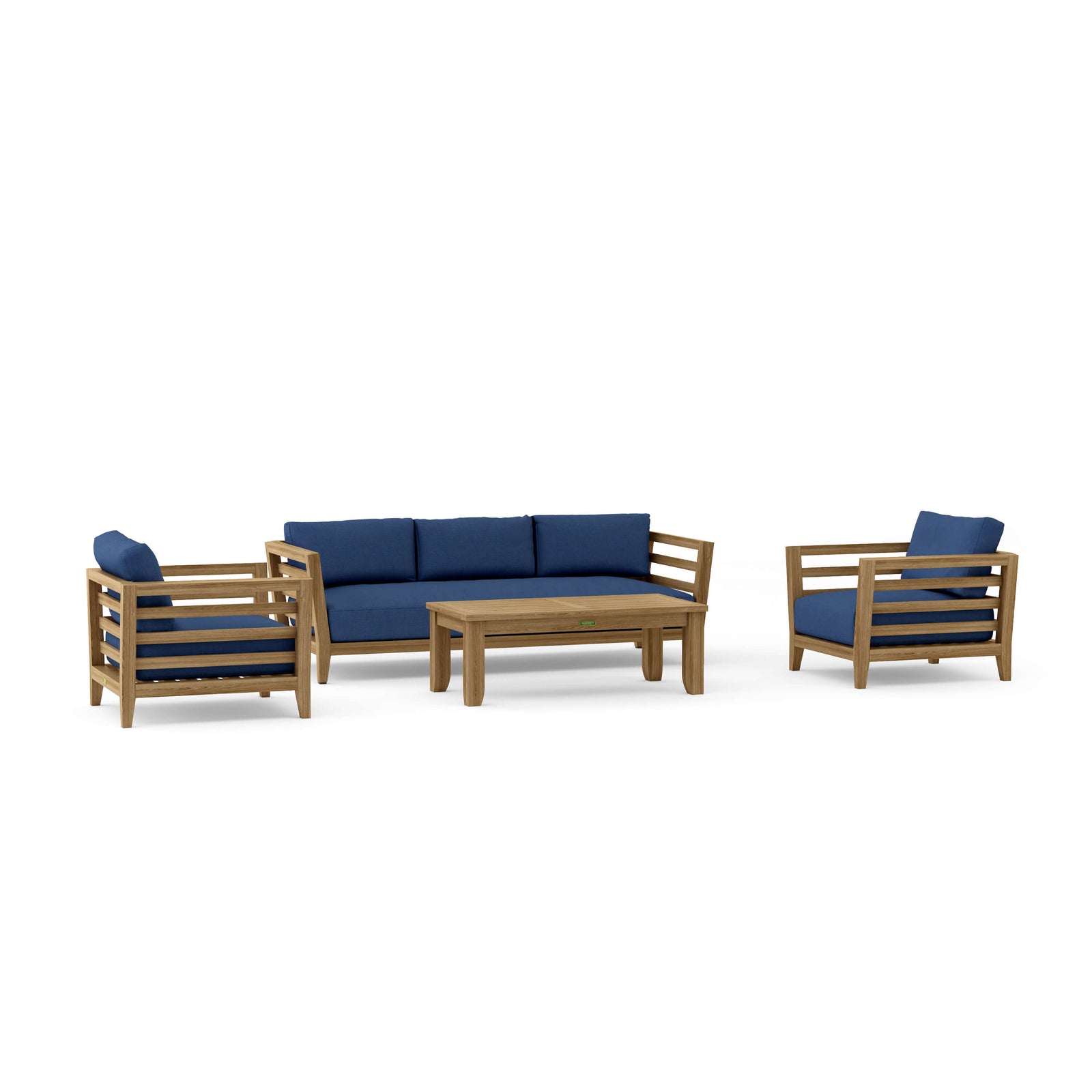 Outdoor furniture set with wooden frames and blue cushions on a white background