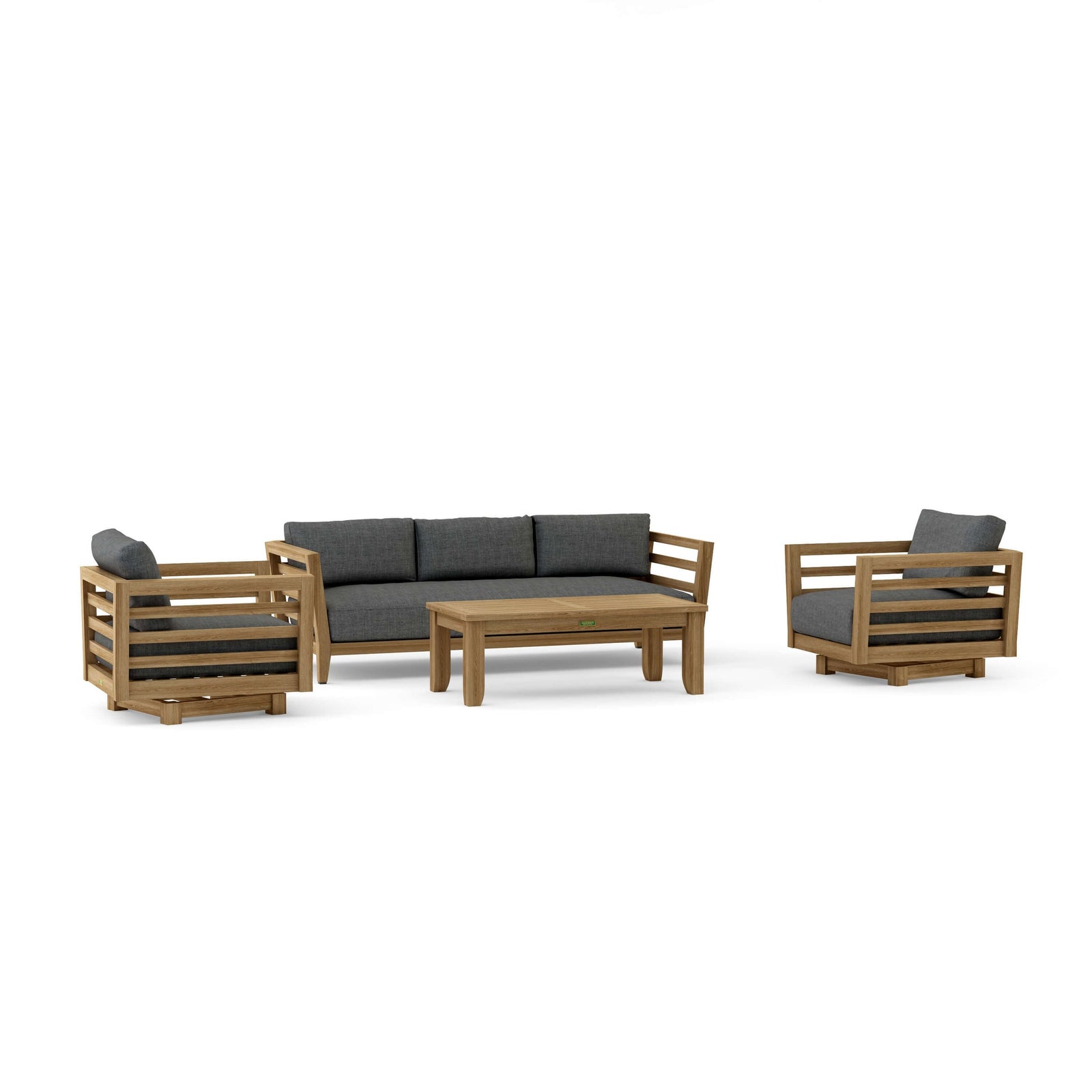 Outdoor furniture set with wooden frames and gray cushions on a white background