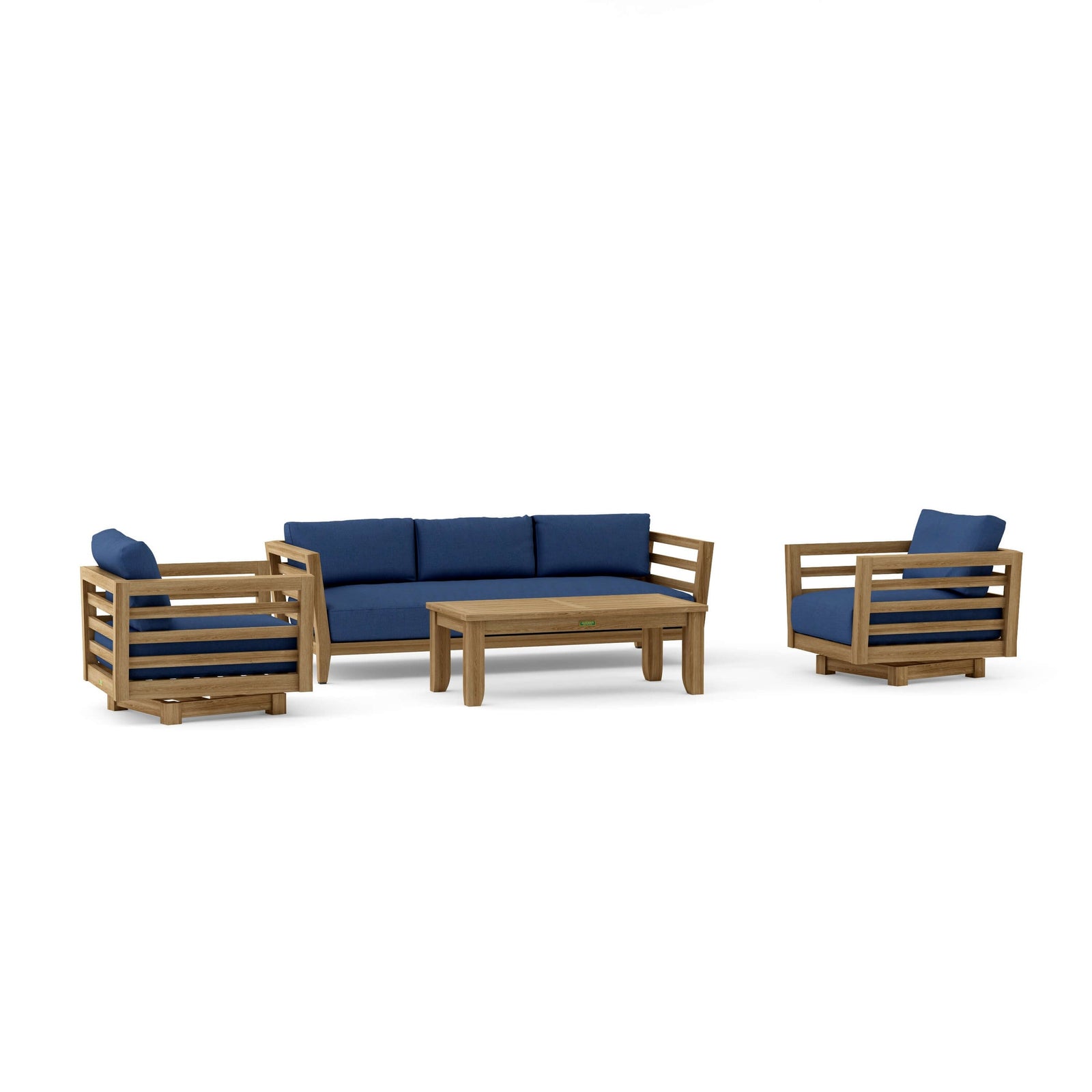 Outdoor furniture set with wooden frames and blue cushions on a white background
