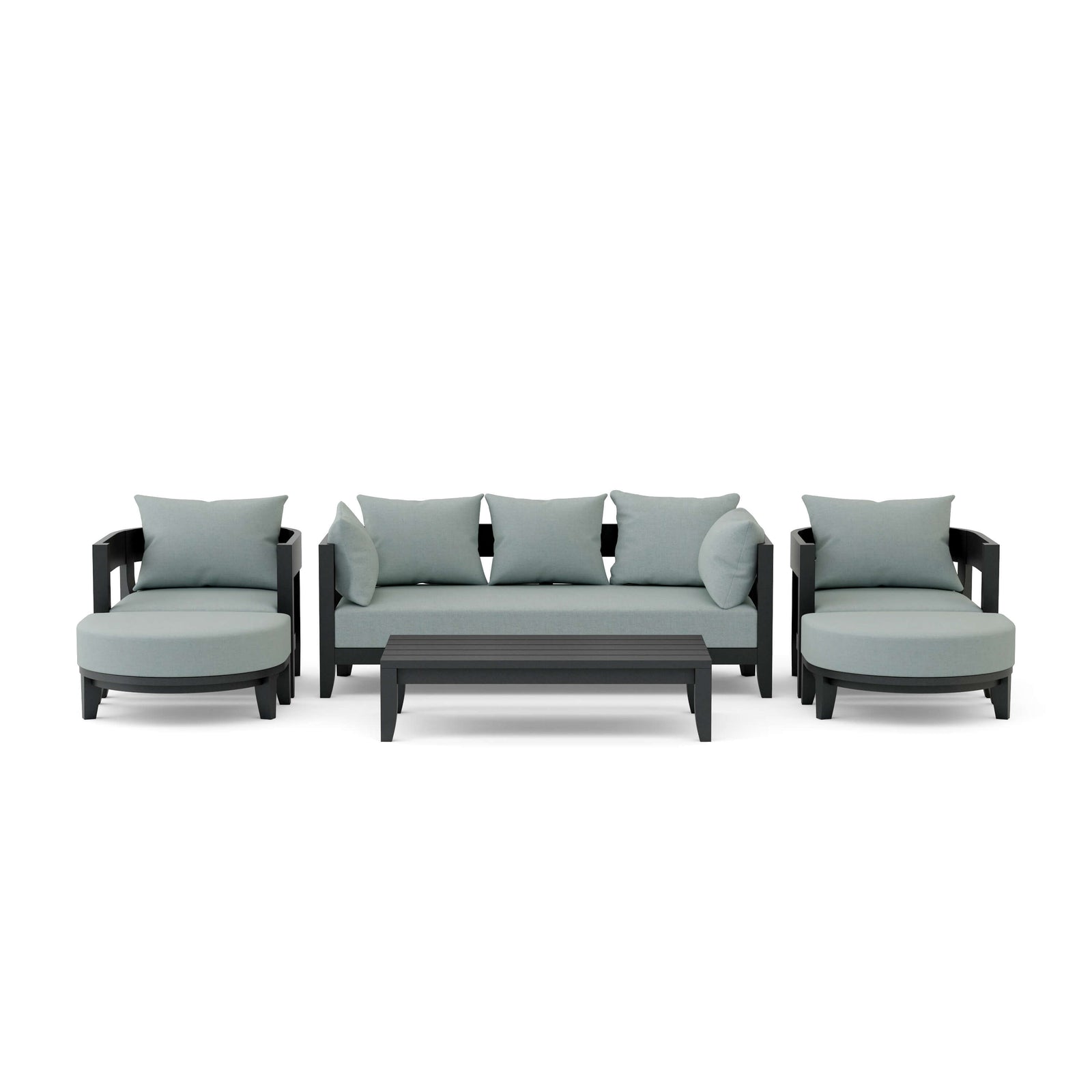 Outdoor furniture set with gray cushions on a white background
