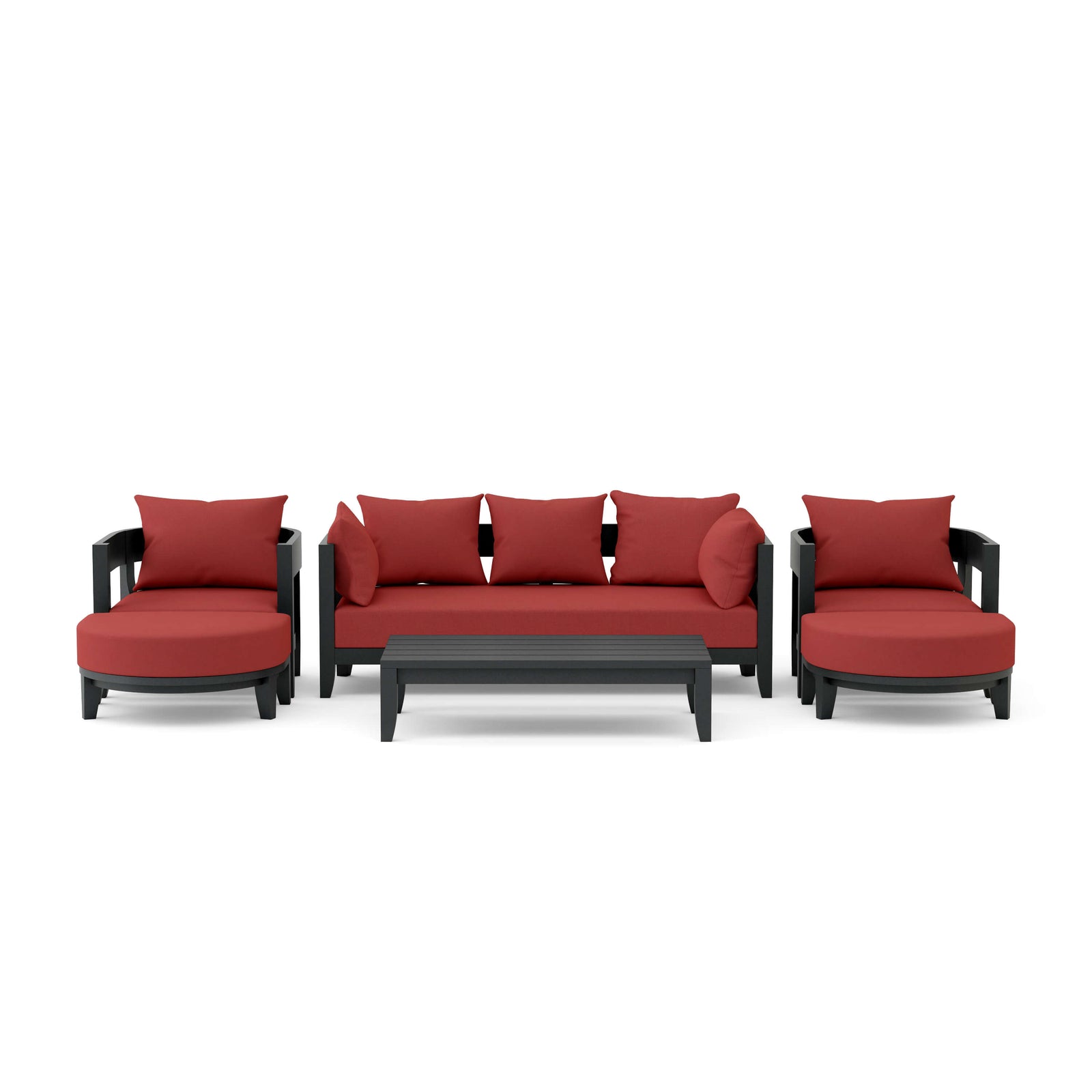Outdoor furniture set with red cushions and black frames on a white background