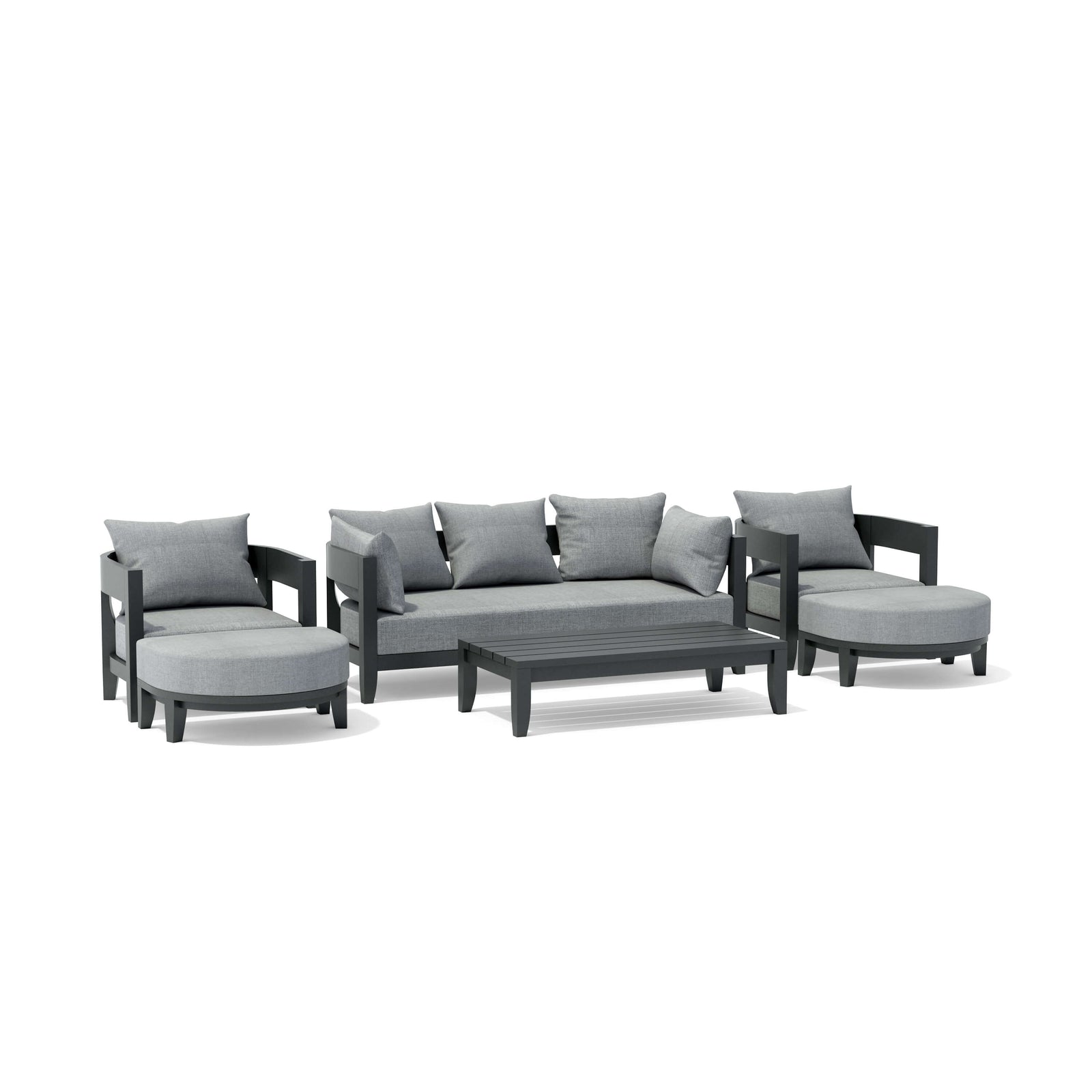 Gray outdoor furniture set with cushions on a white background