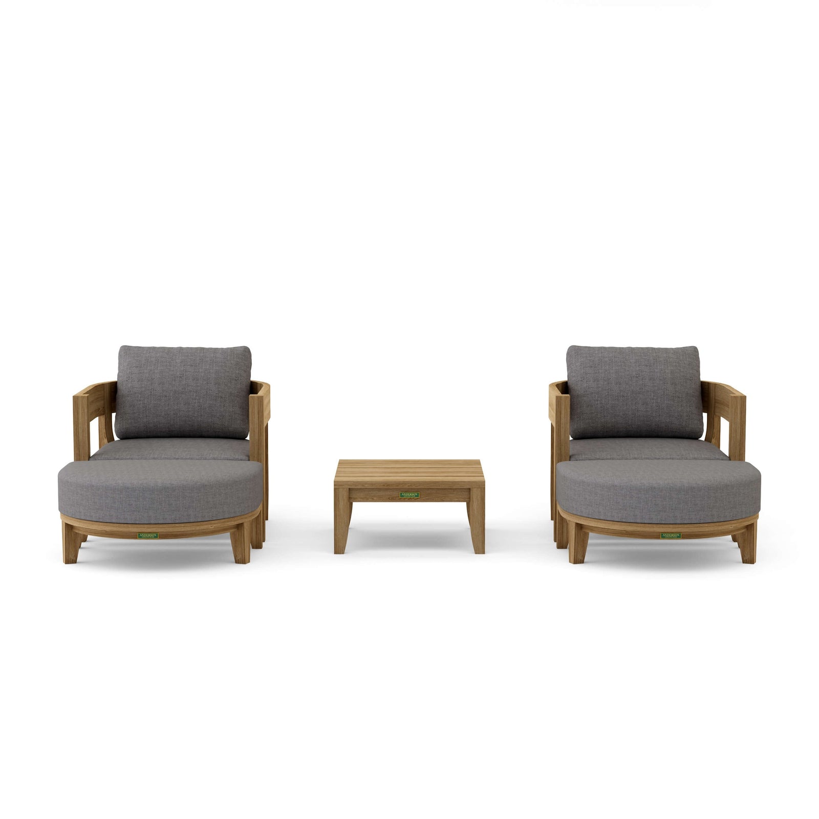 Two gray cushioned chairs with wooden frames and a matching table on a white background