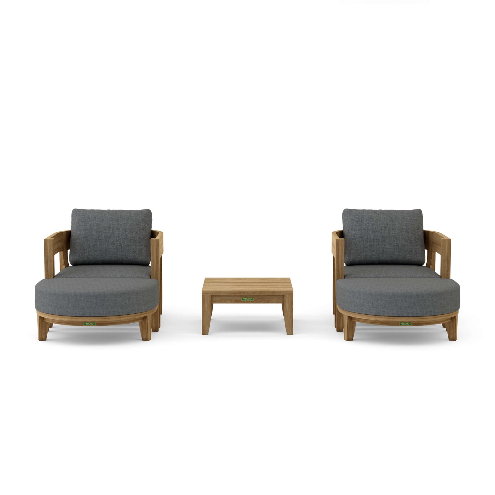 Two gray cushioned chairs with a small wooden table on a white background