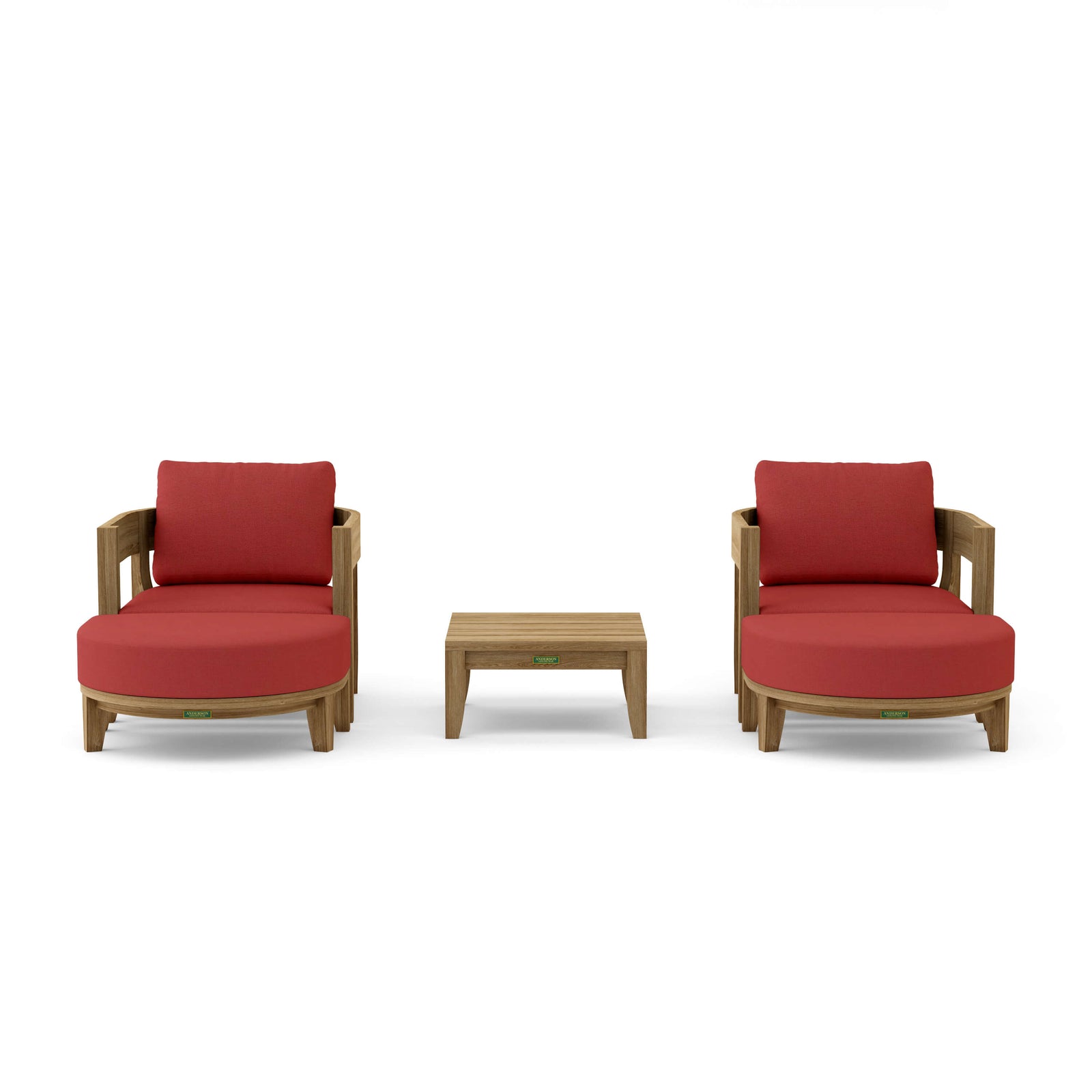 Two red cushioned chairs with a matching ottoman on a white background