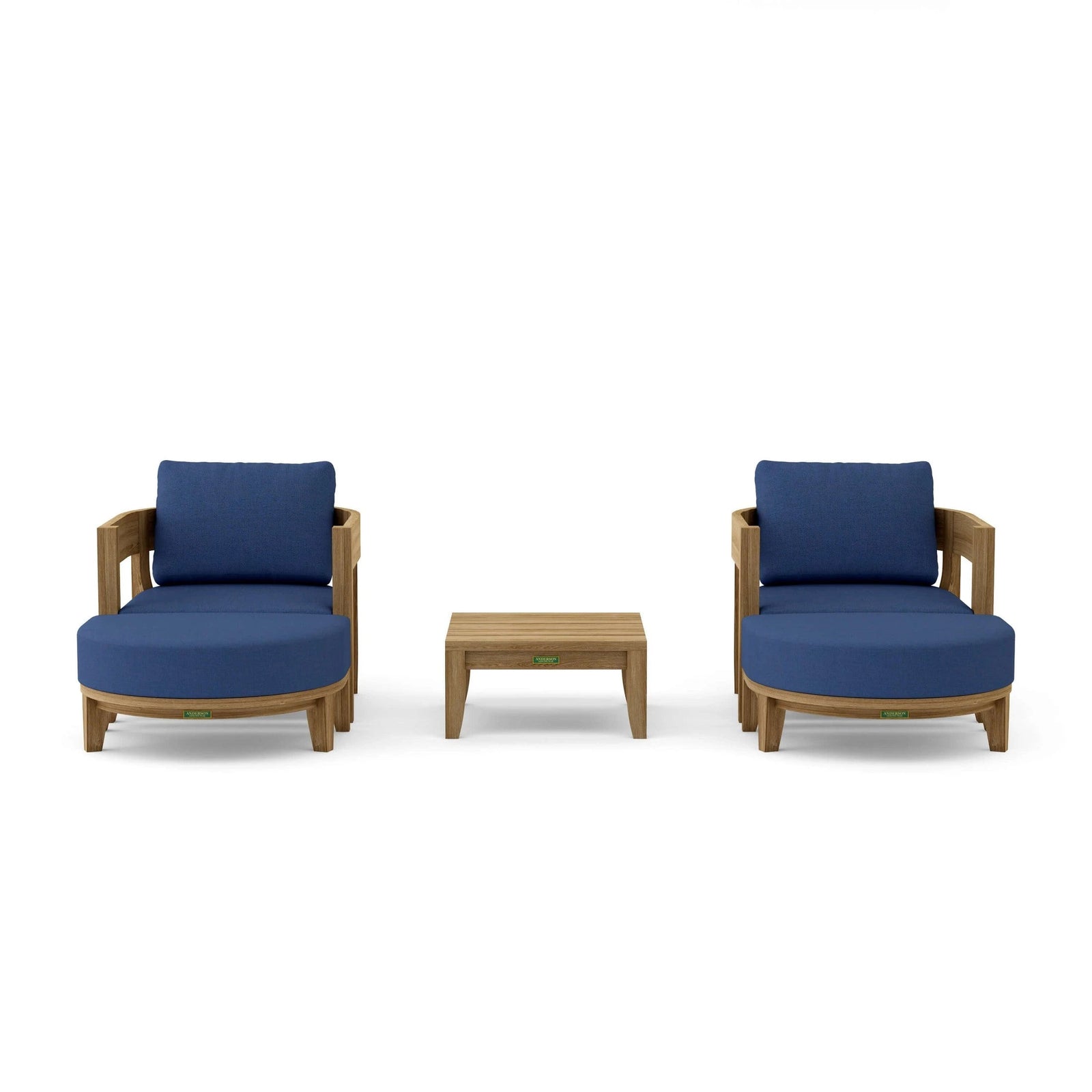 Two blue cushioned chairs with a matching table on a white background