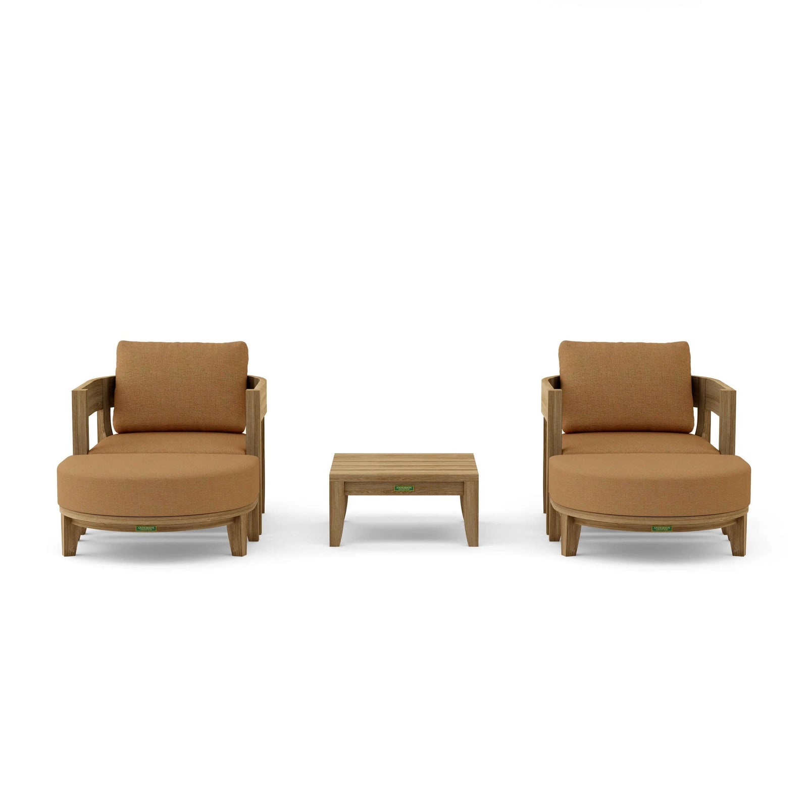Two brown armchairs with a matching ottoman on a white background