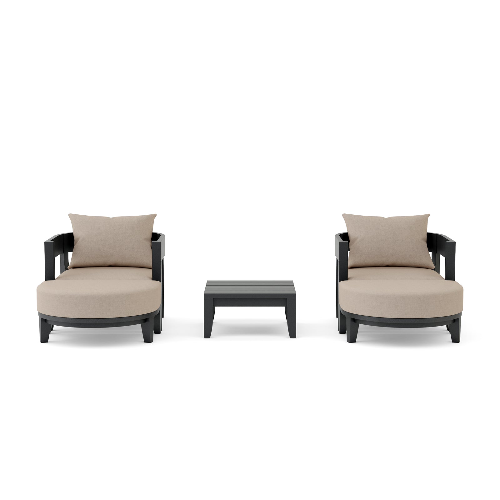Two armchairs with beige cushions and a matching ottoman on a white background