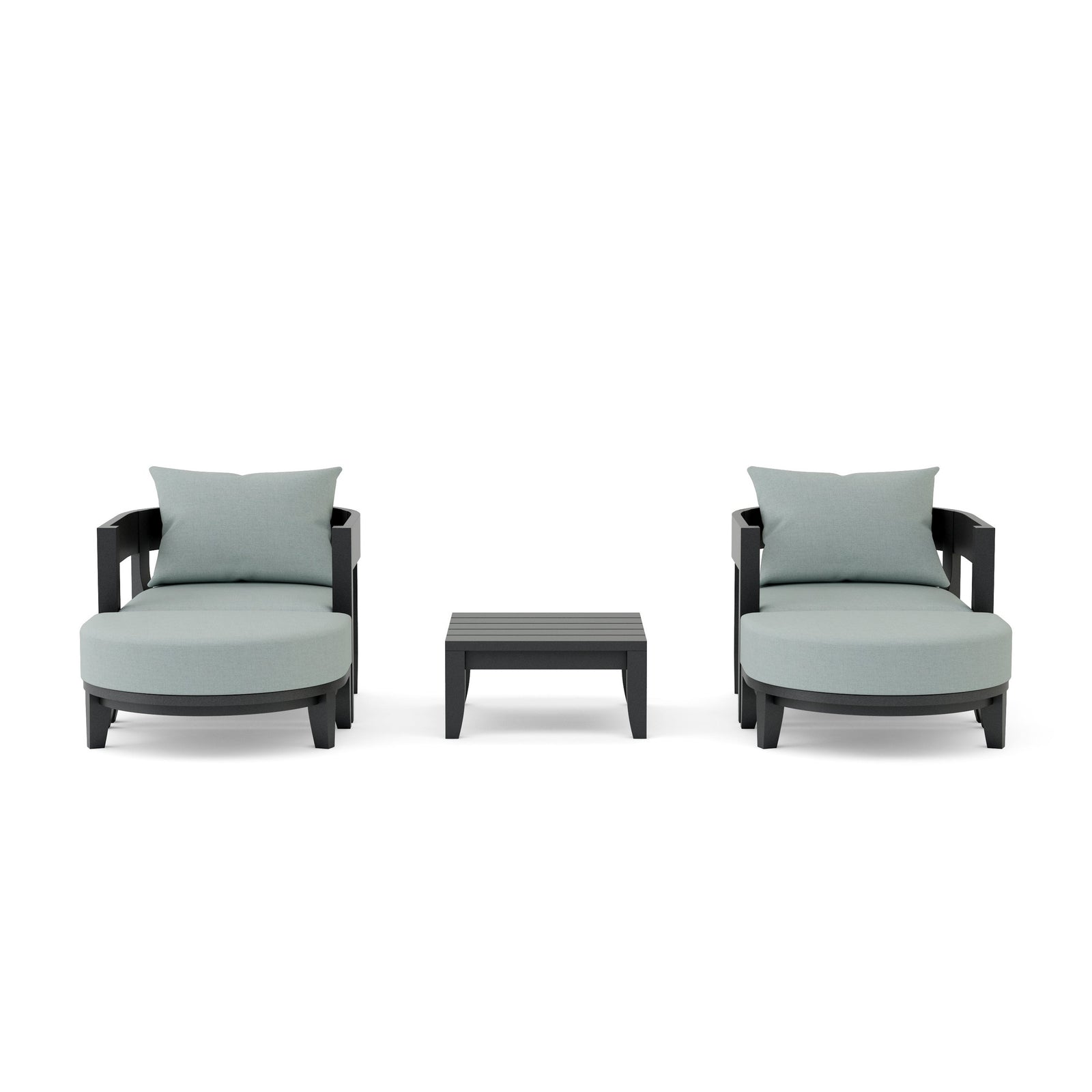 Two armchairs with light gray cushions and a matching ottoman on a white background