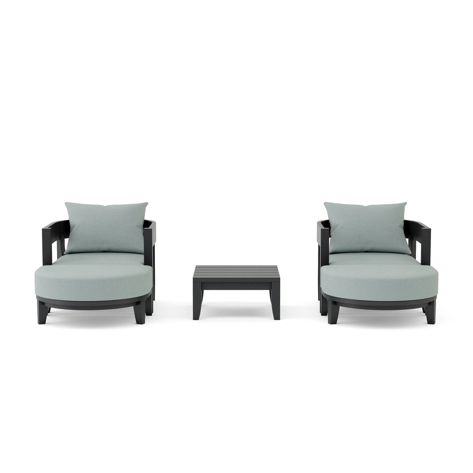 Two armchairs with light gray cushions and a matching ottoman on a white background
