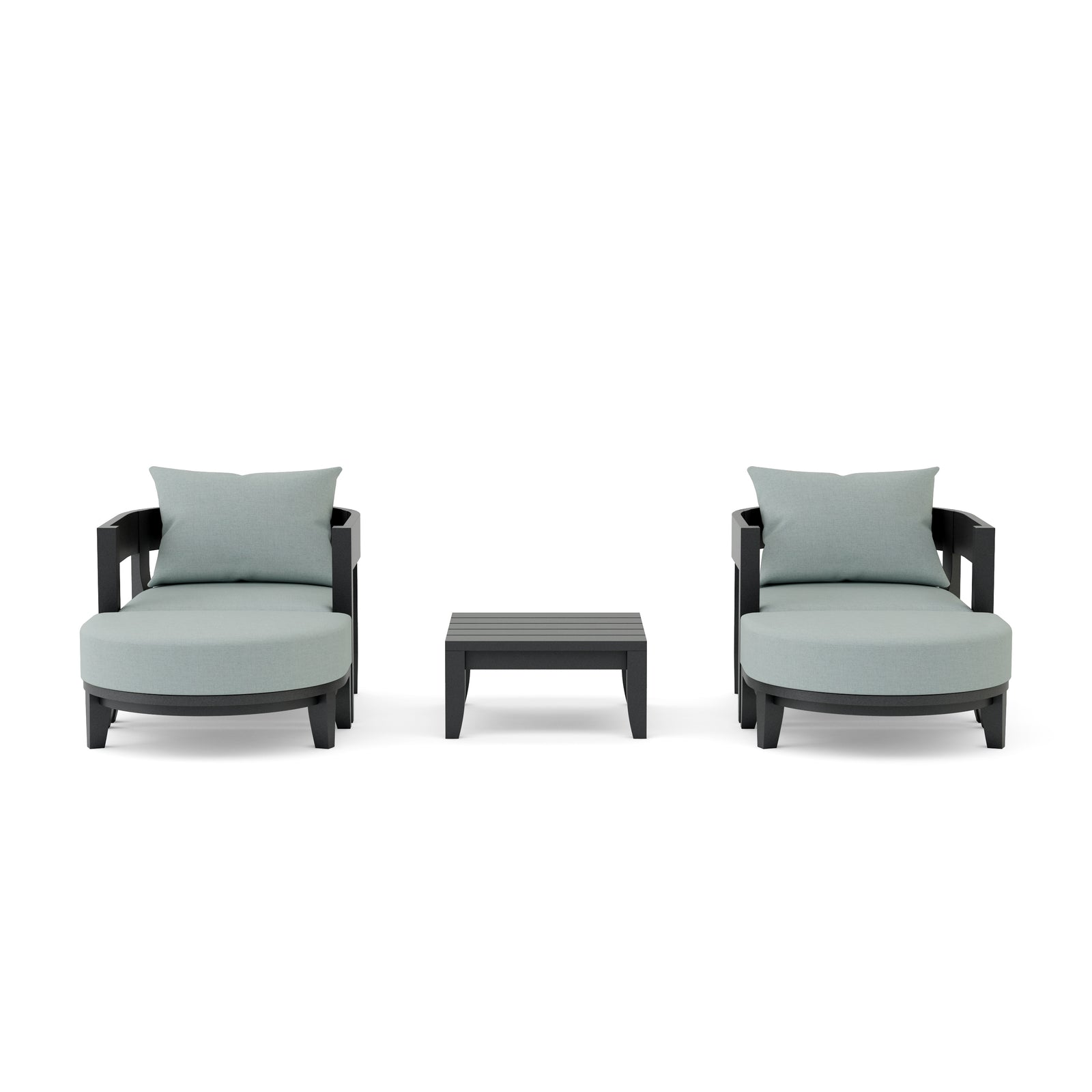 Two armchairs with light gray cushions and a matching ottoman on a white background