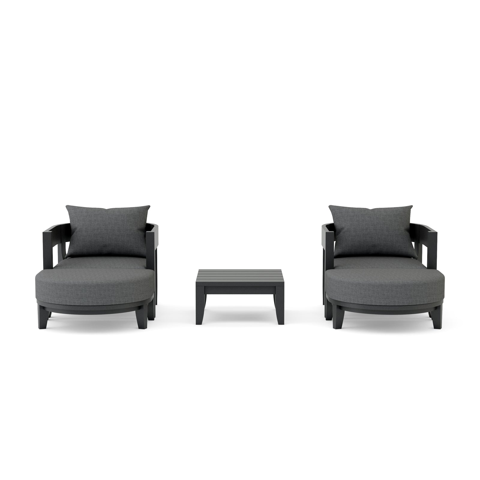 Two gray armchairs with a matching ottoman on a white background