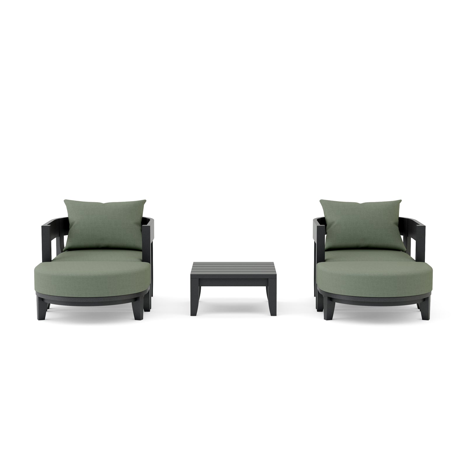 Two green cushioned chairs with a matching ottoman on a white background