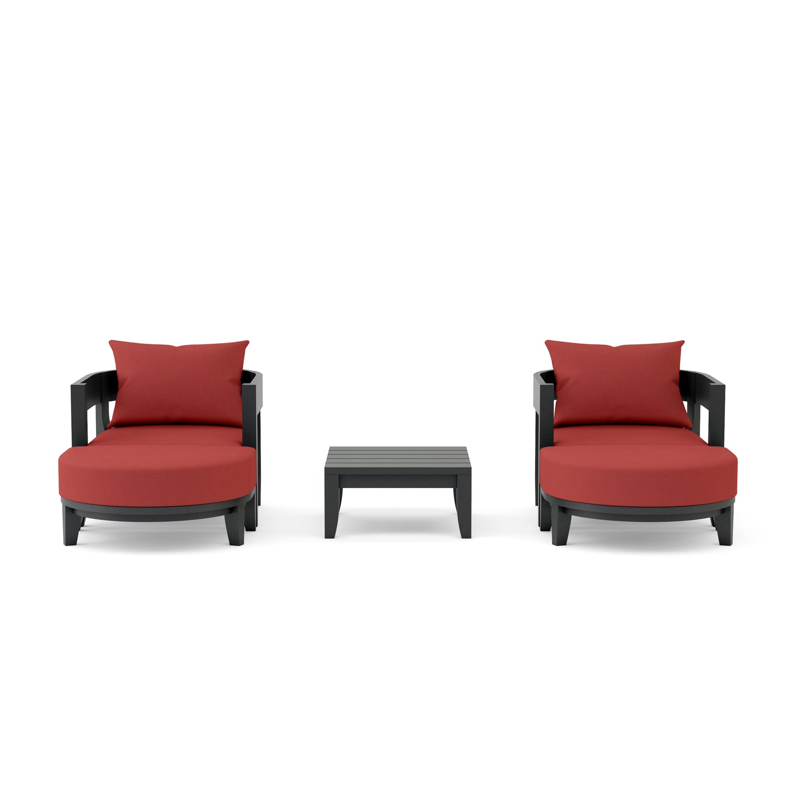 Two red cushioned chairs with a matching ottoman on a white background