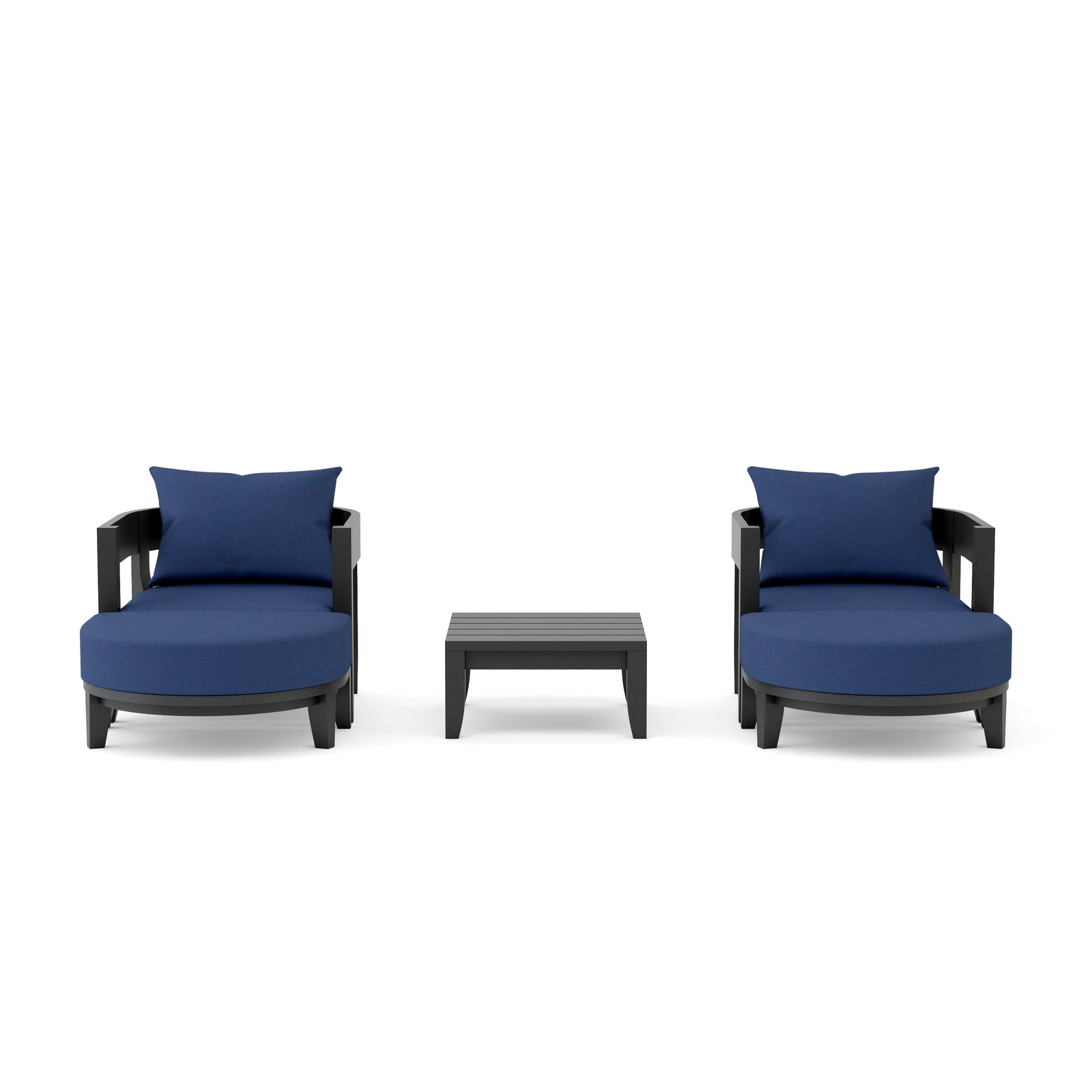 Two blue cushioned chairs with a matching ottoman on a white background