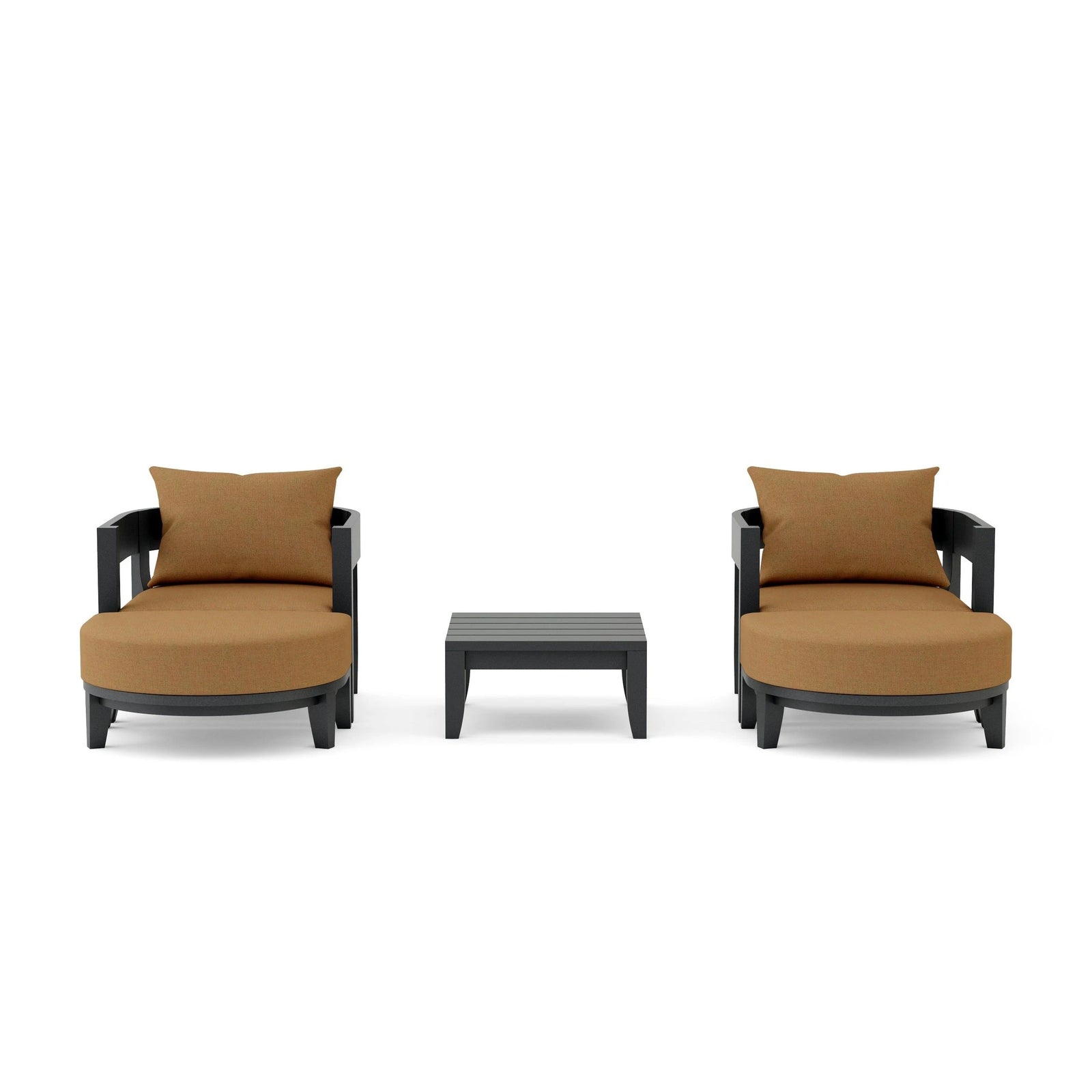 Two brown cushioned chairs with a matching ottoman on a white background