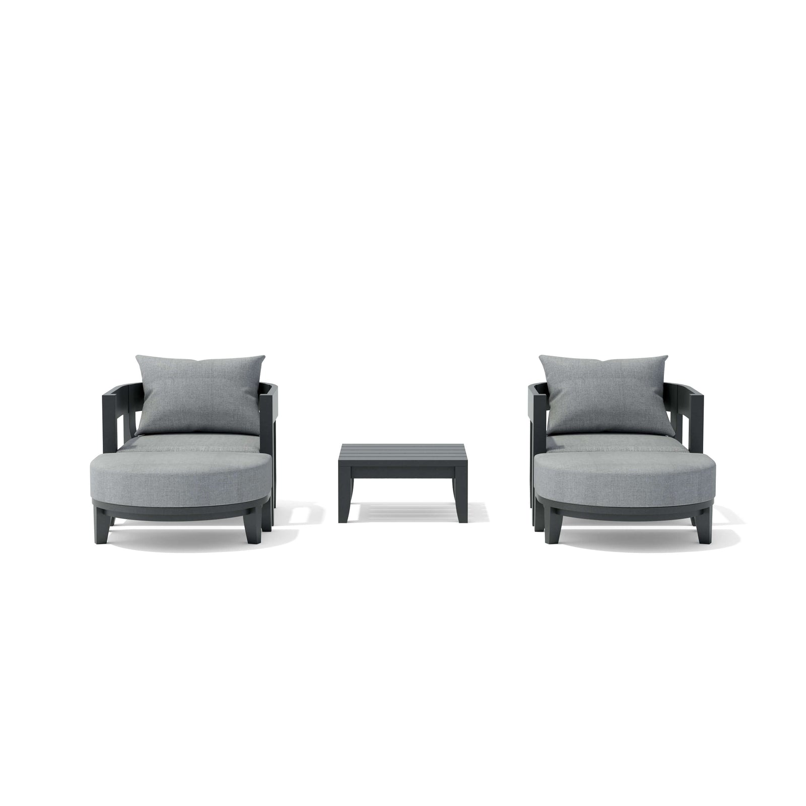 Two gray cushioned chairs with a small table on a white background