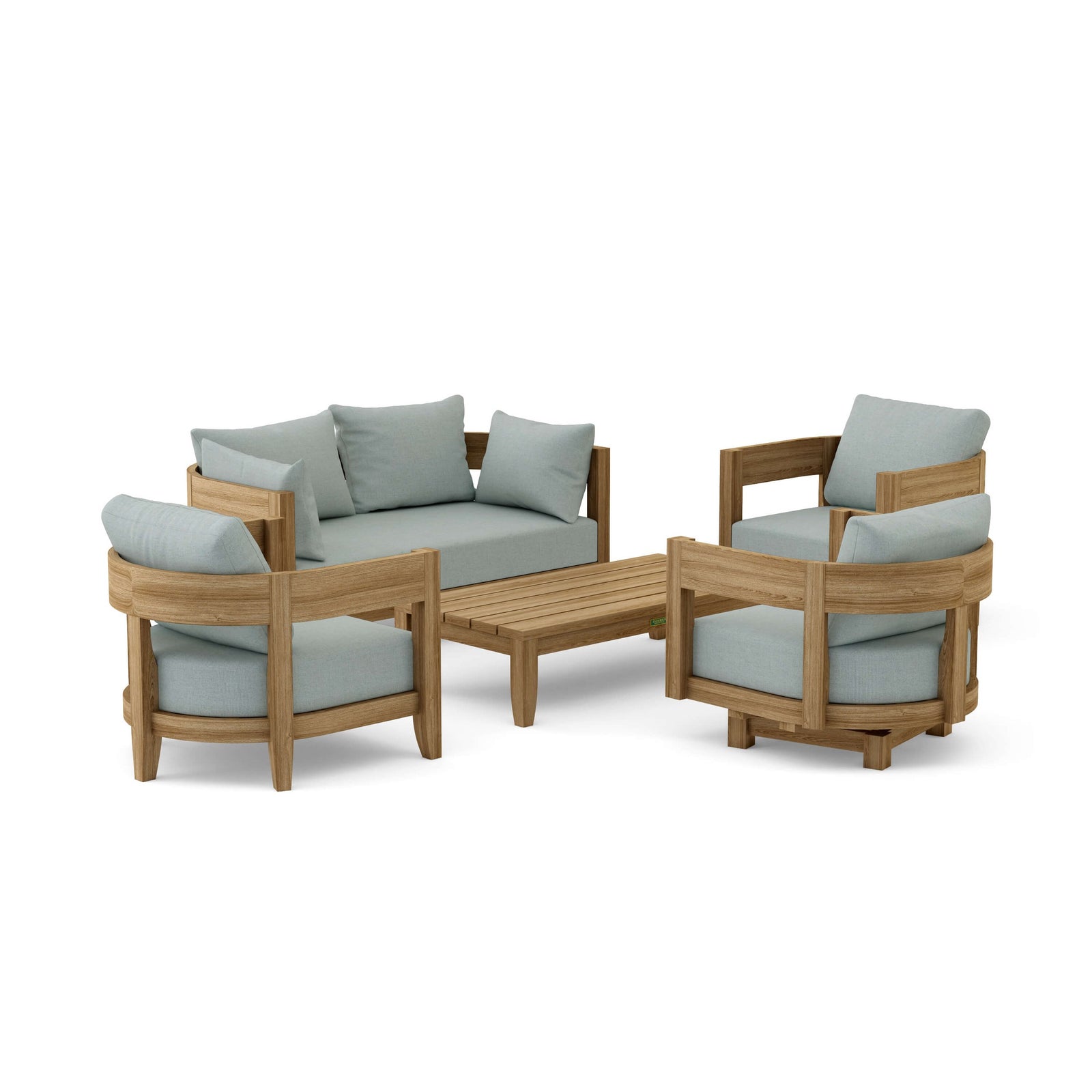 Outdoor furniture set with wooden frames and light gray cushions on a white background