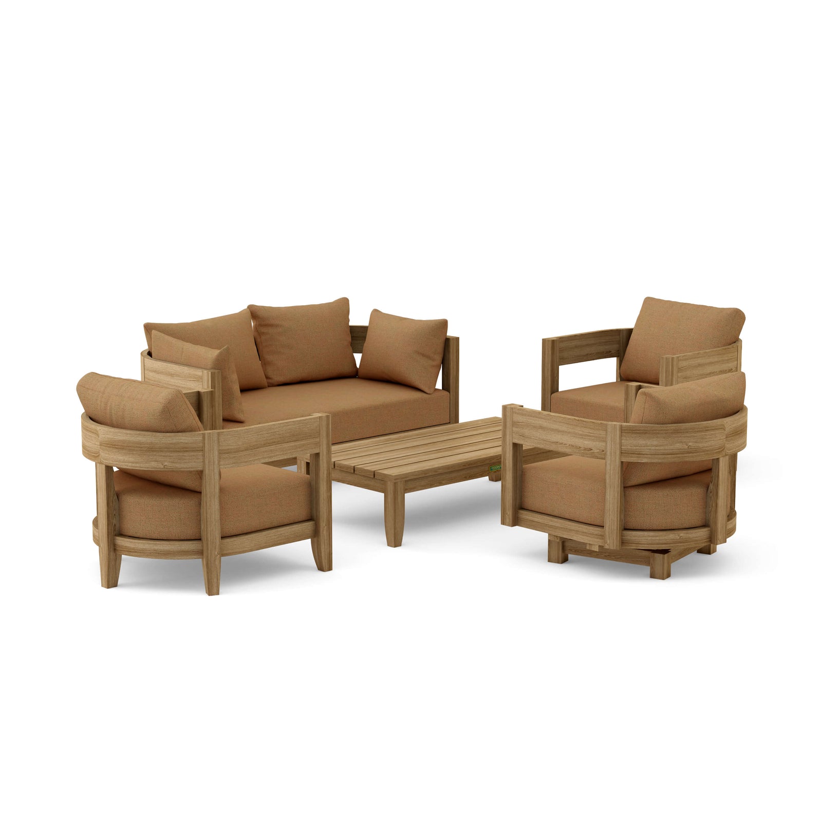 Brown outdoor furniture set with sofa, chairs, and table on a white background