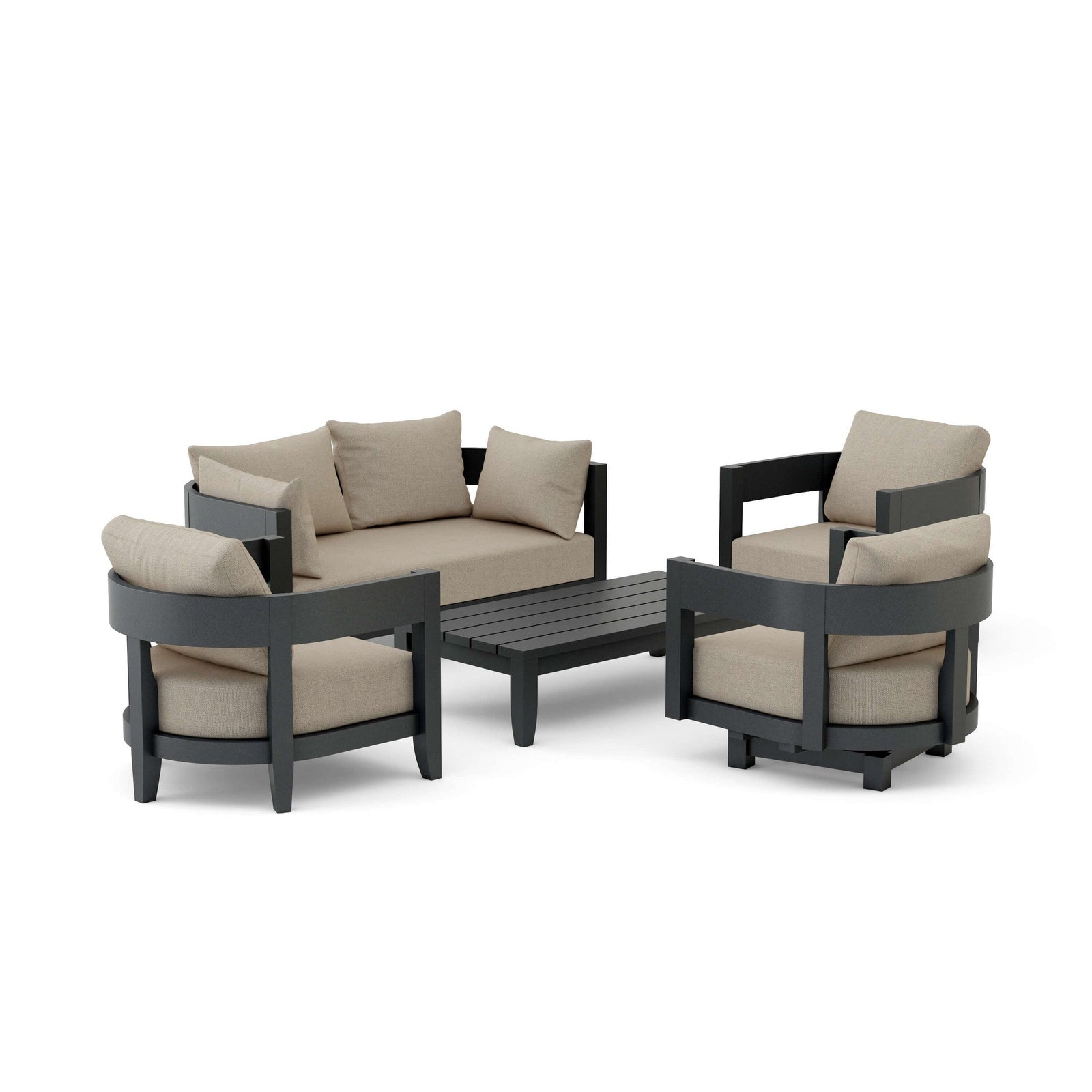 Outdoor furniture set with beige cushions on a white background