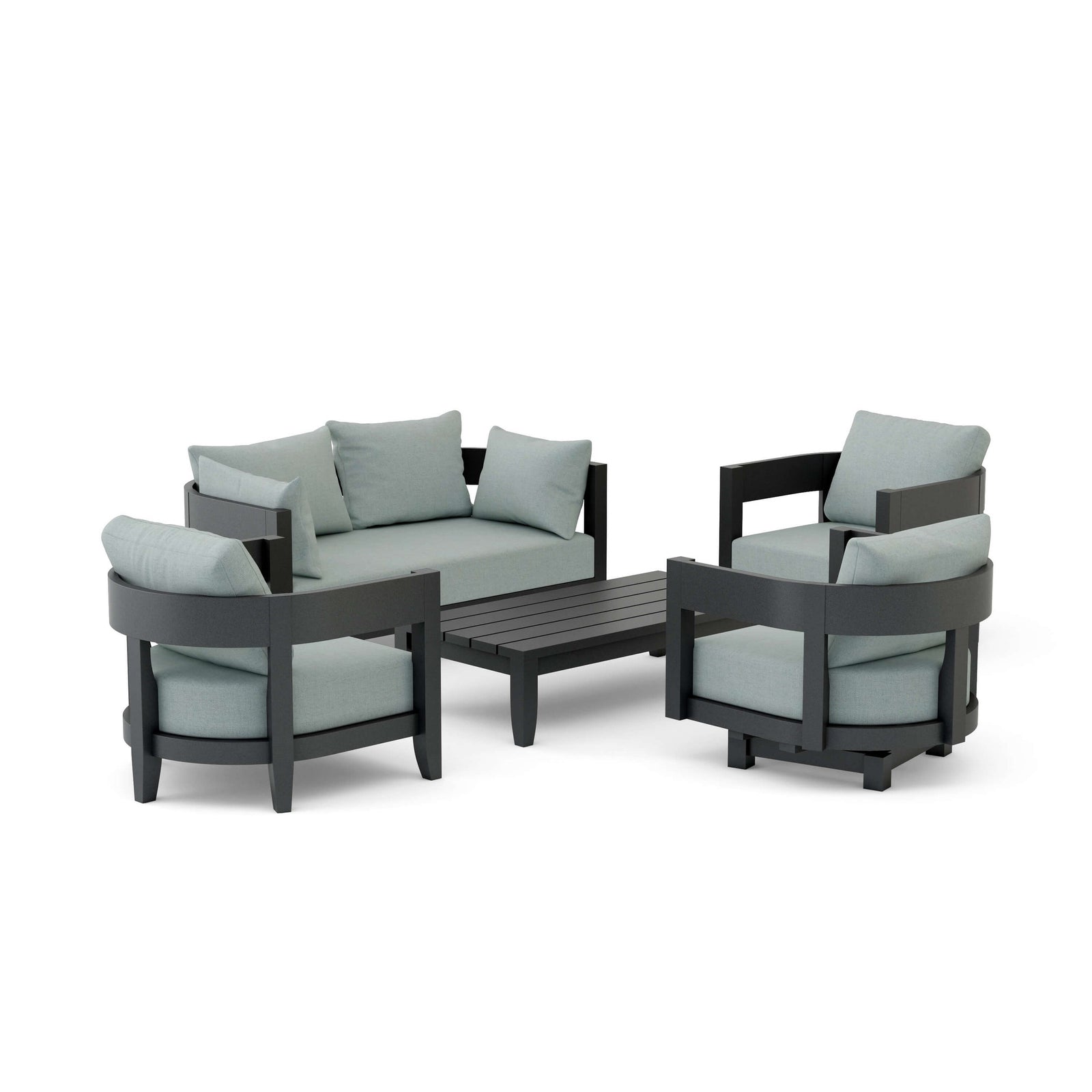 Outdoor furniture set with gray cushions on a white background