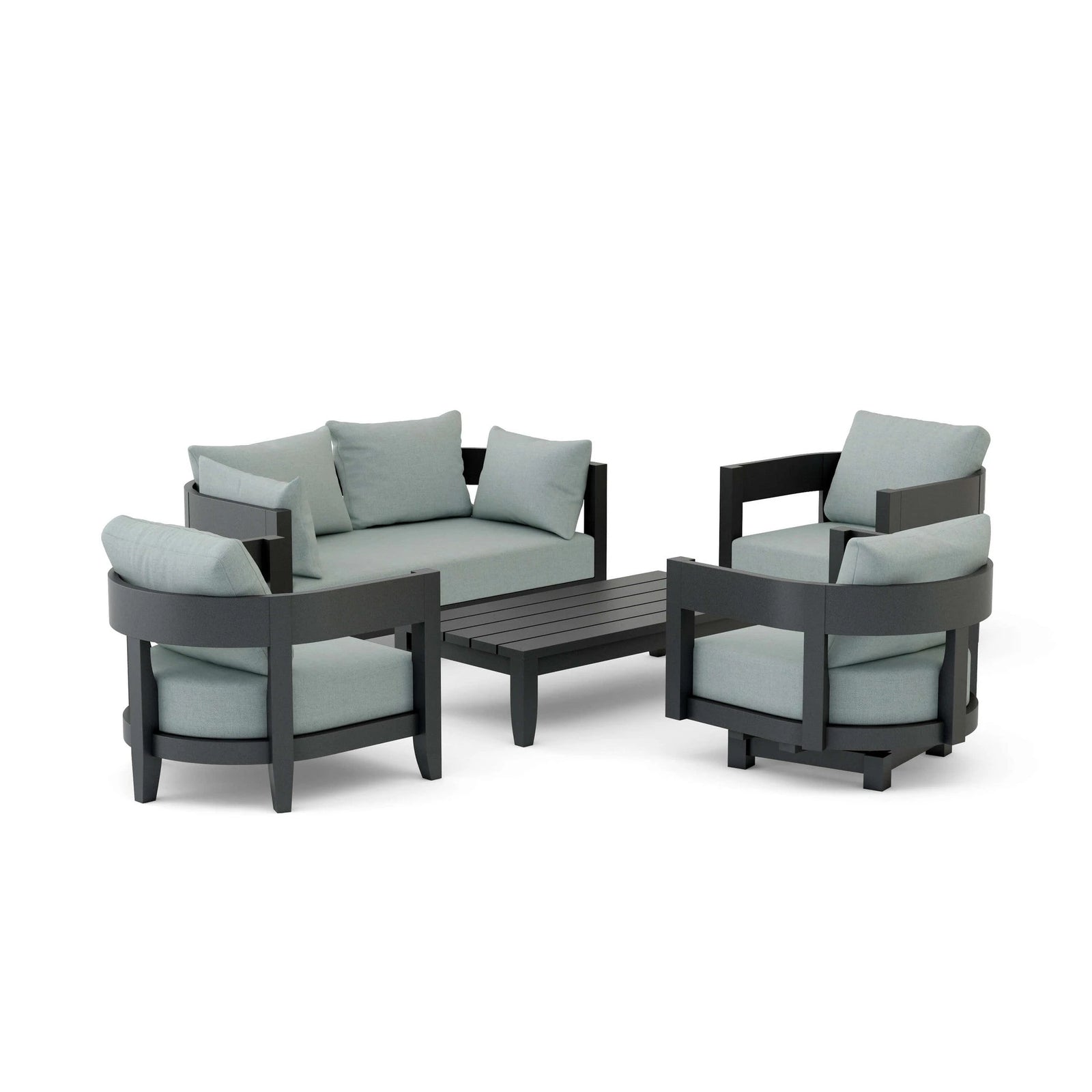 Outdoor furniture set with gray cushions on a white background