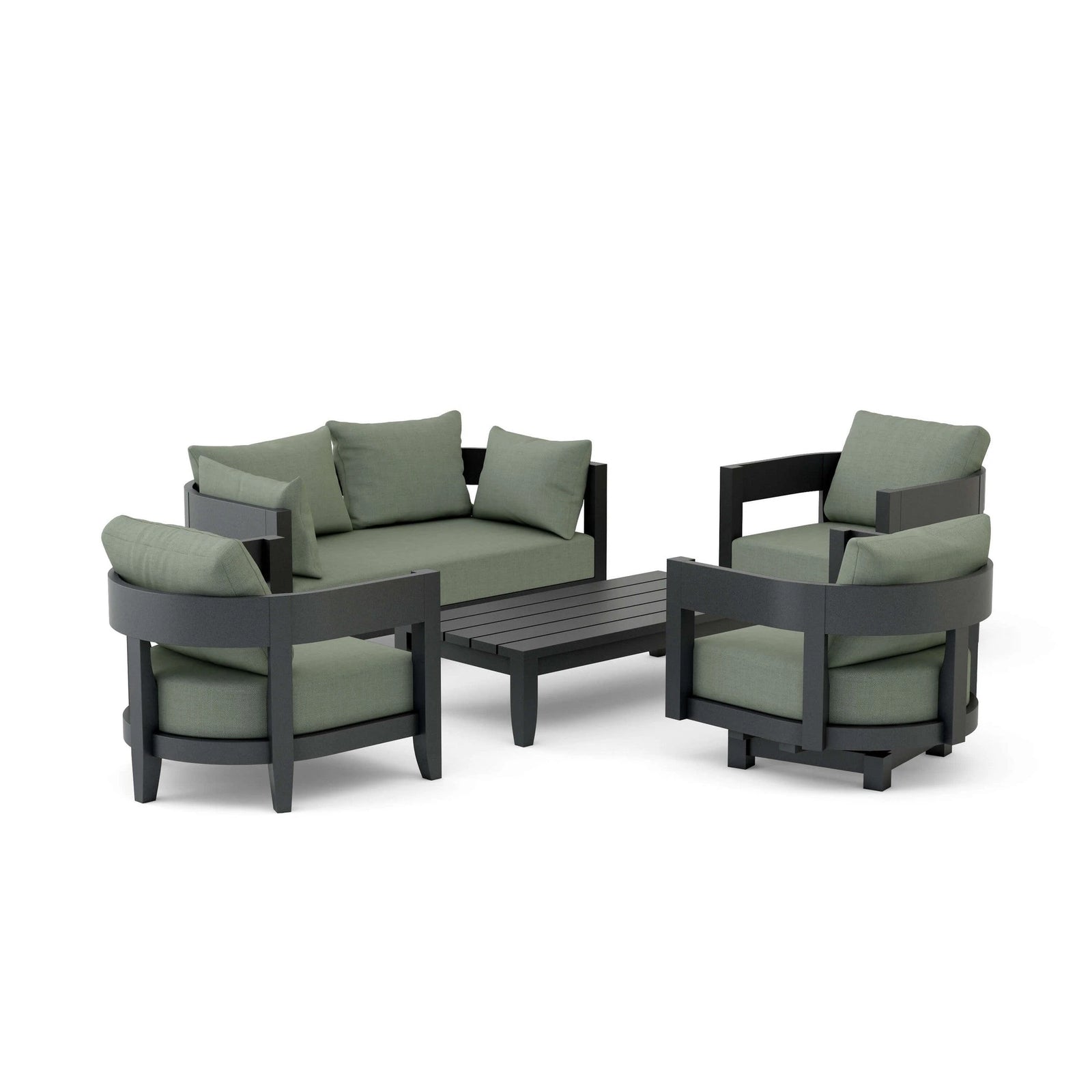 Outdoor furniture set with green cushions on a white background