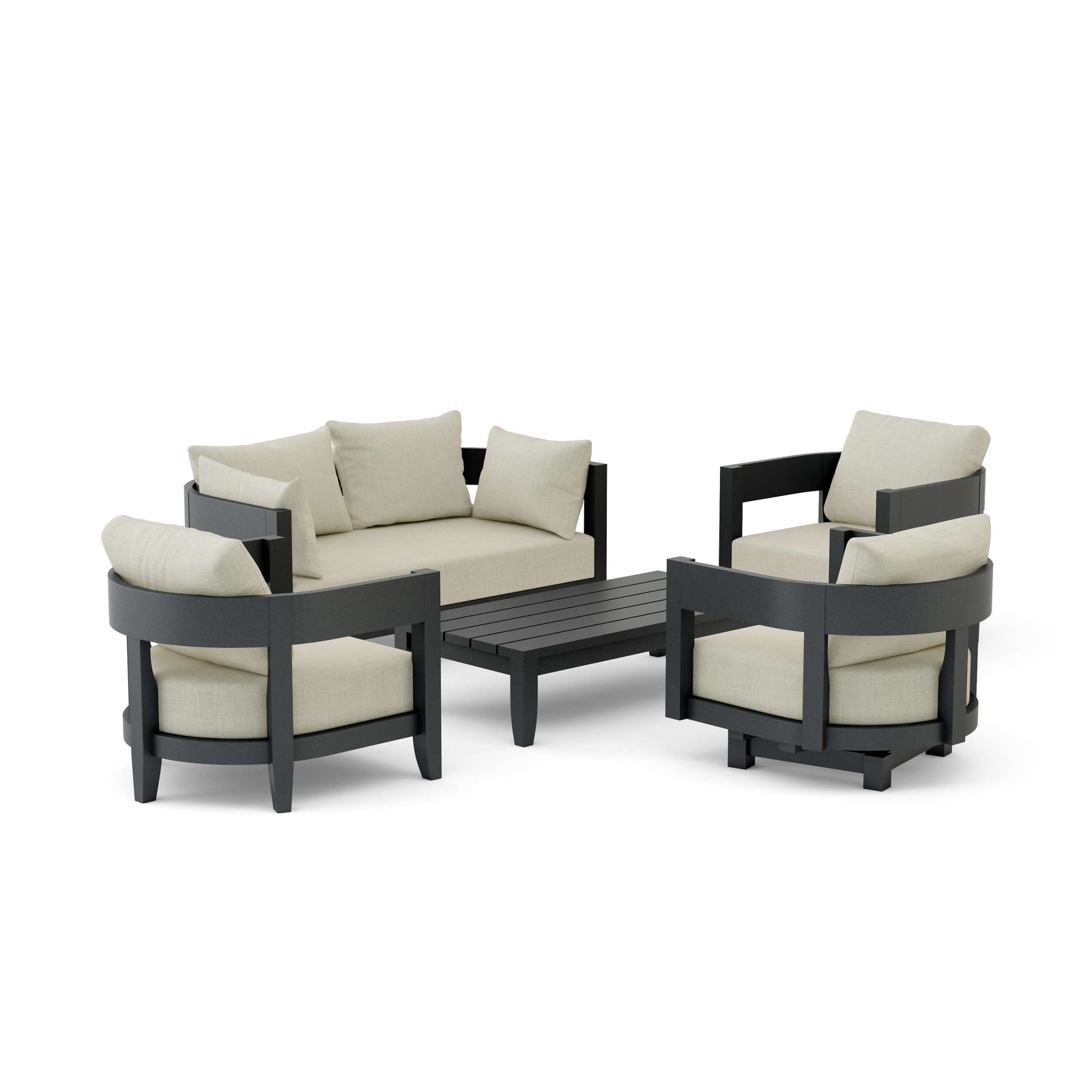 Outdoor furniture set with beige cushions on a white background