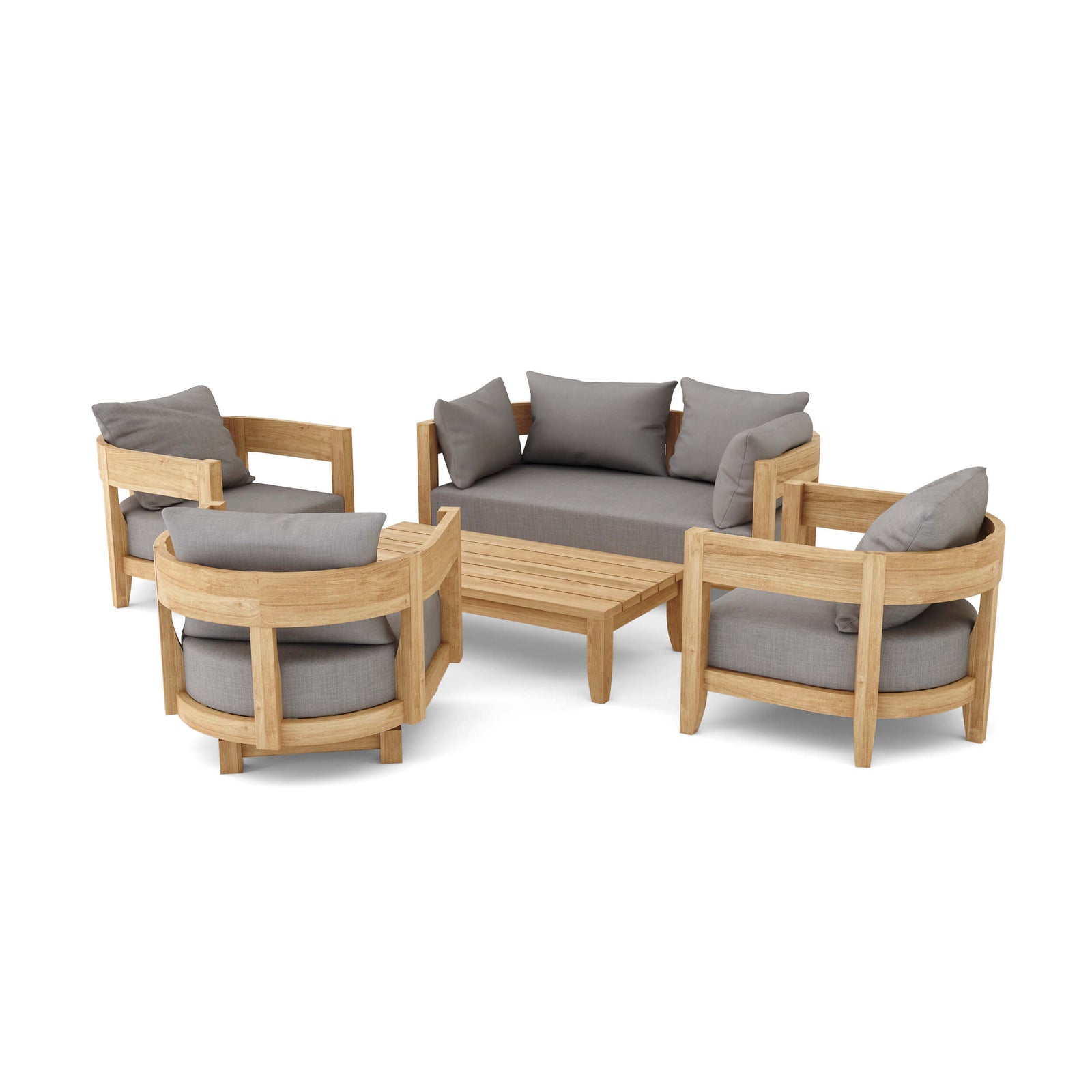 Outdoor furniture set with wooden frames and gray cushions on a white background