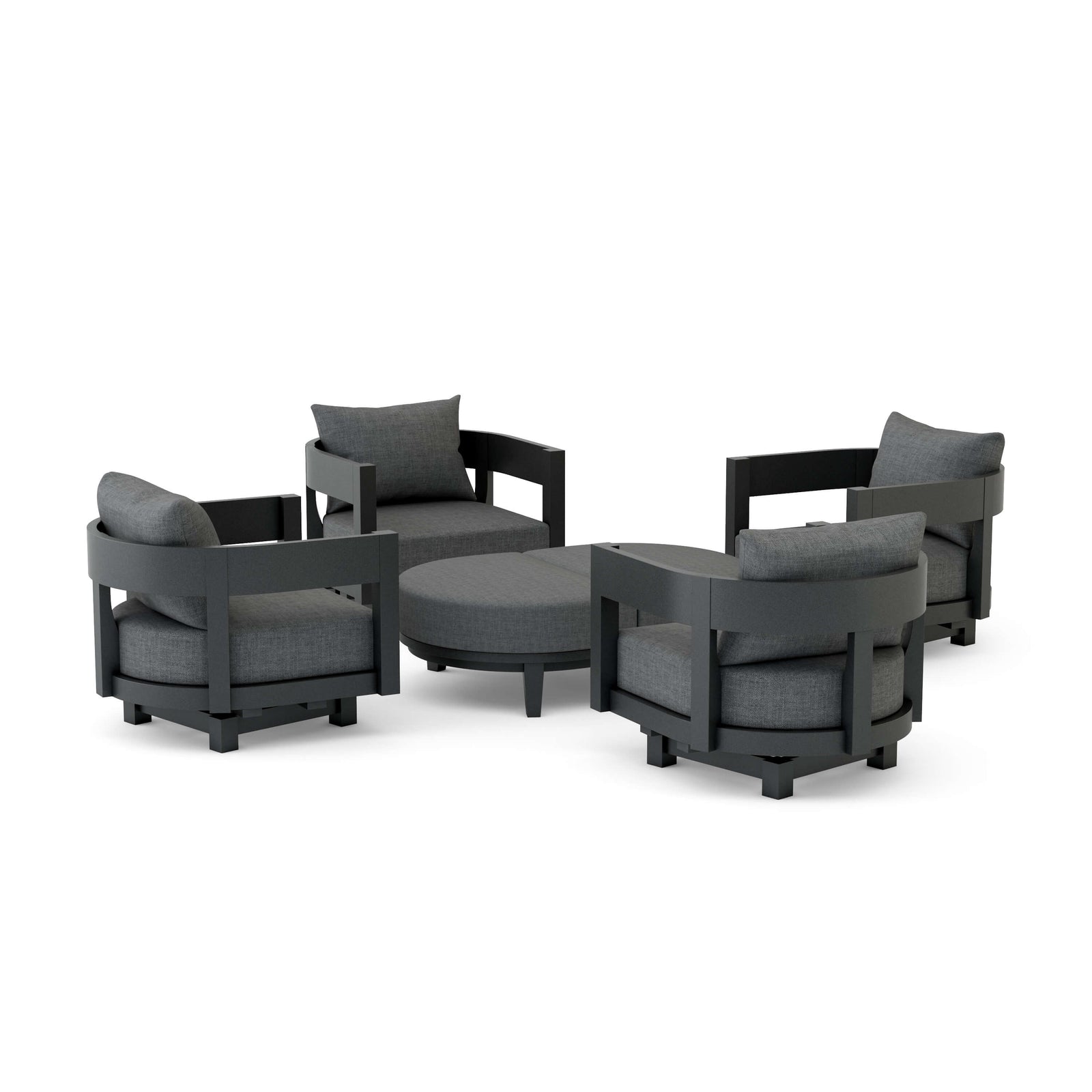 Outdoor furniture set with black frames and gray cushions on a white background