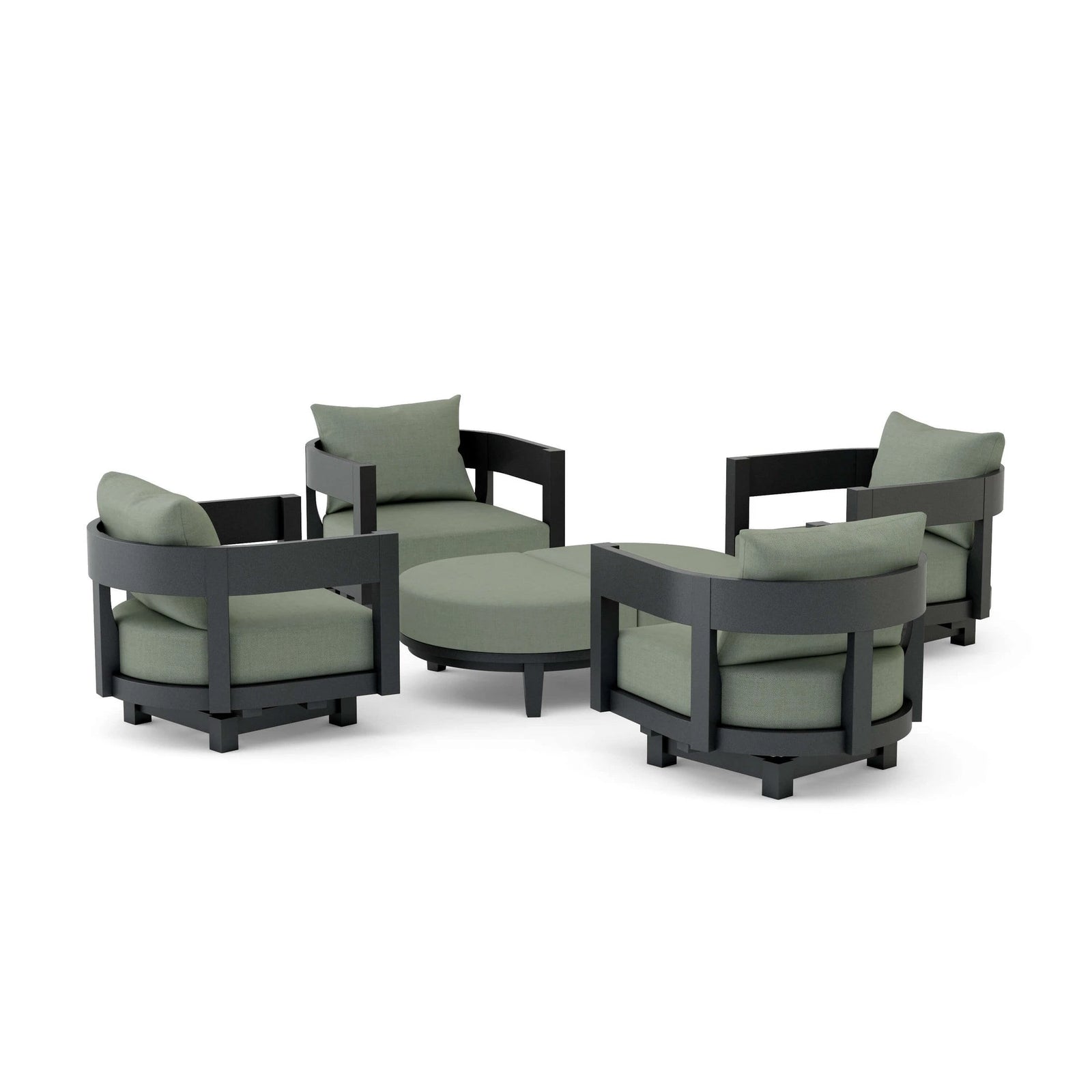 Outdoor furniture set with gray cushions on a white background