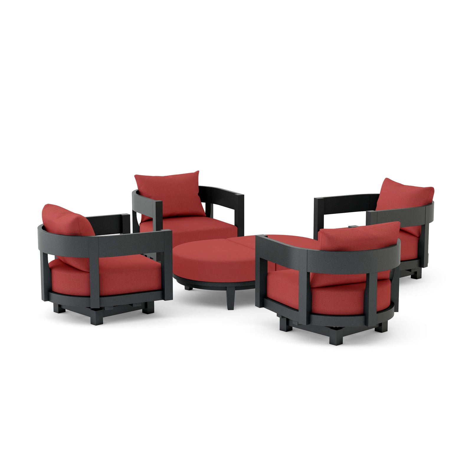 Outdoor furniture set with red cushions and black frames on a white background