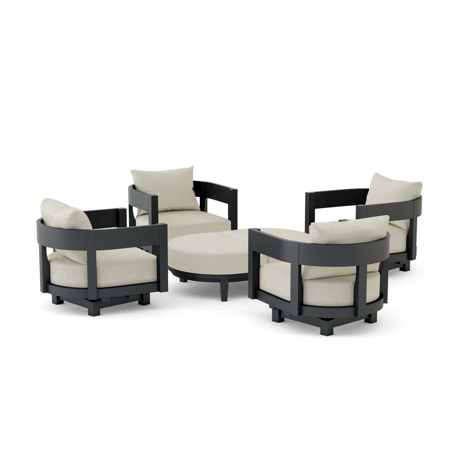 Outdoor furniture set with black frames and white cushions on a white background