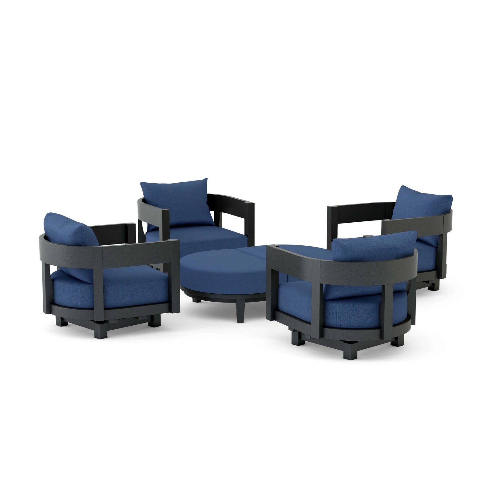 Outdoor furniture set with blue cushions and black frames on a white background