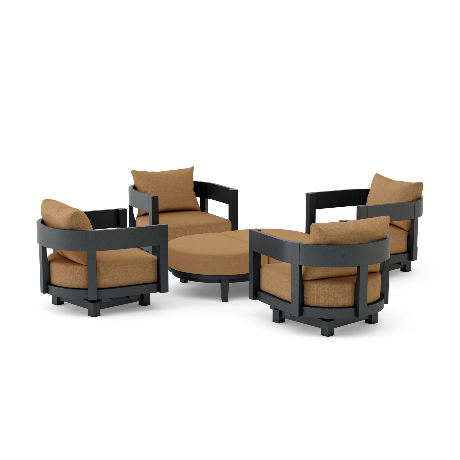 Outdoor furniture set with brown cushions and black frames on a white background