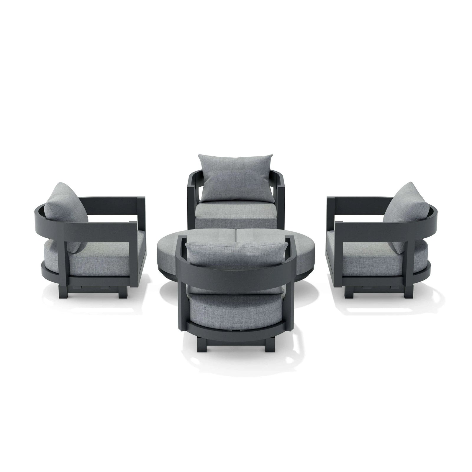 Outdoor furniture set with four chairs and a central table on a white background