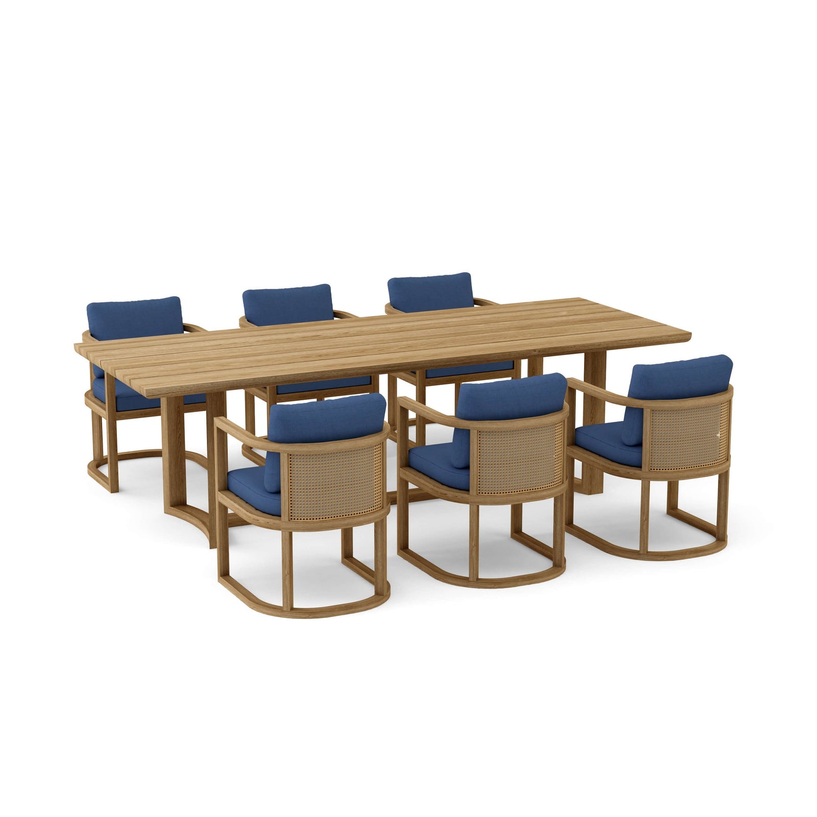 Wooden outdoor table with six matching chairs on a white background