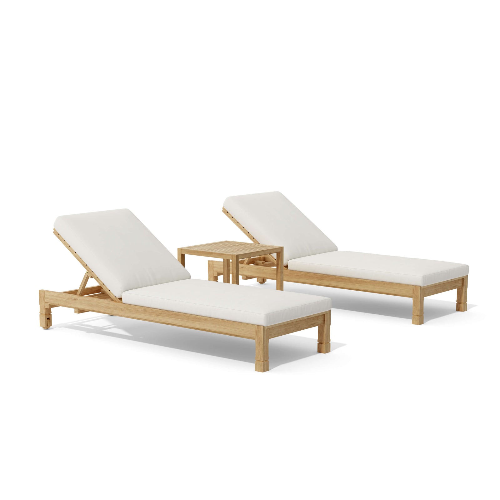 Two wooden lounge chairs with white cushions on a white background
