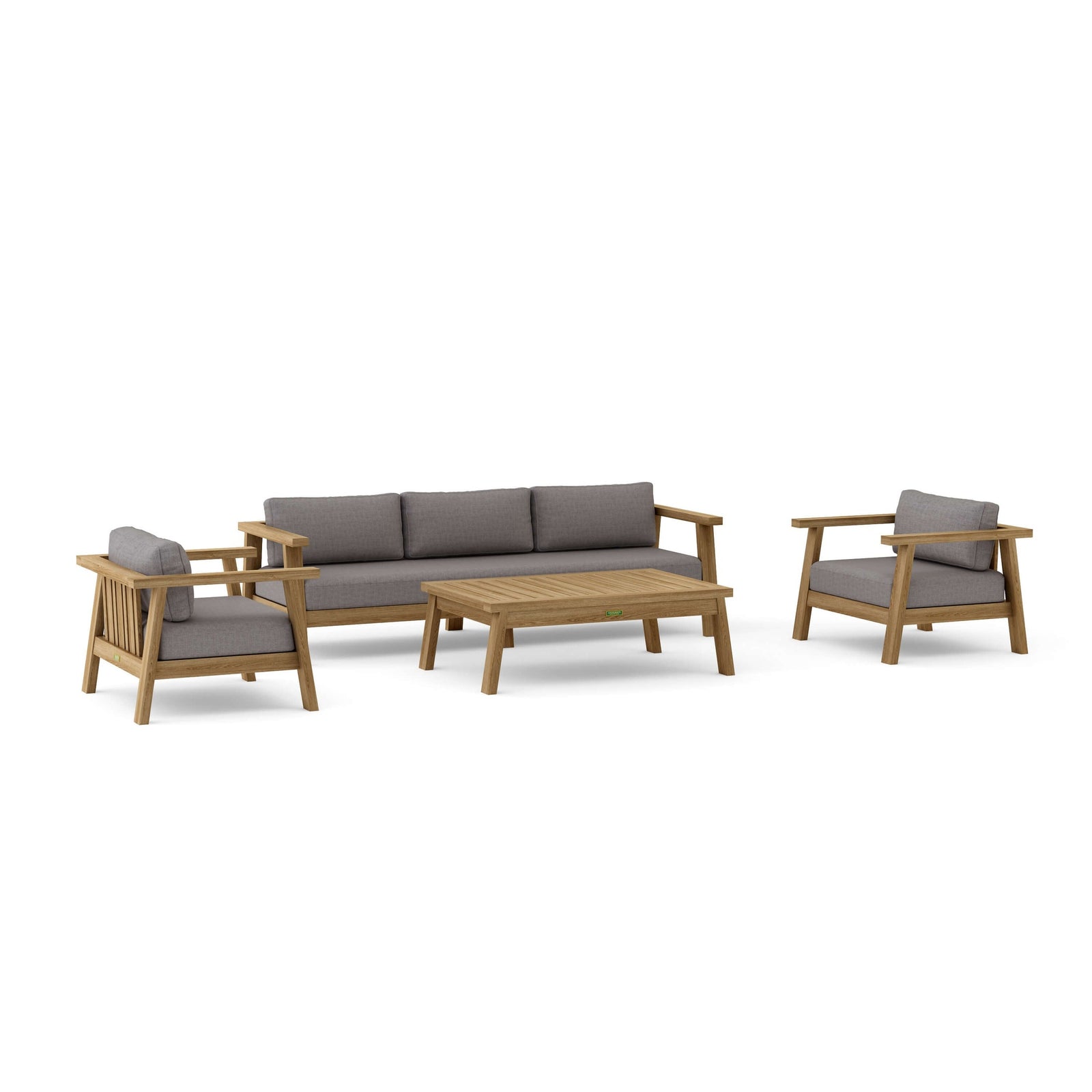Outdoor furniture set with sofa, chairs, and table on a white background