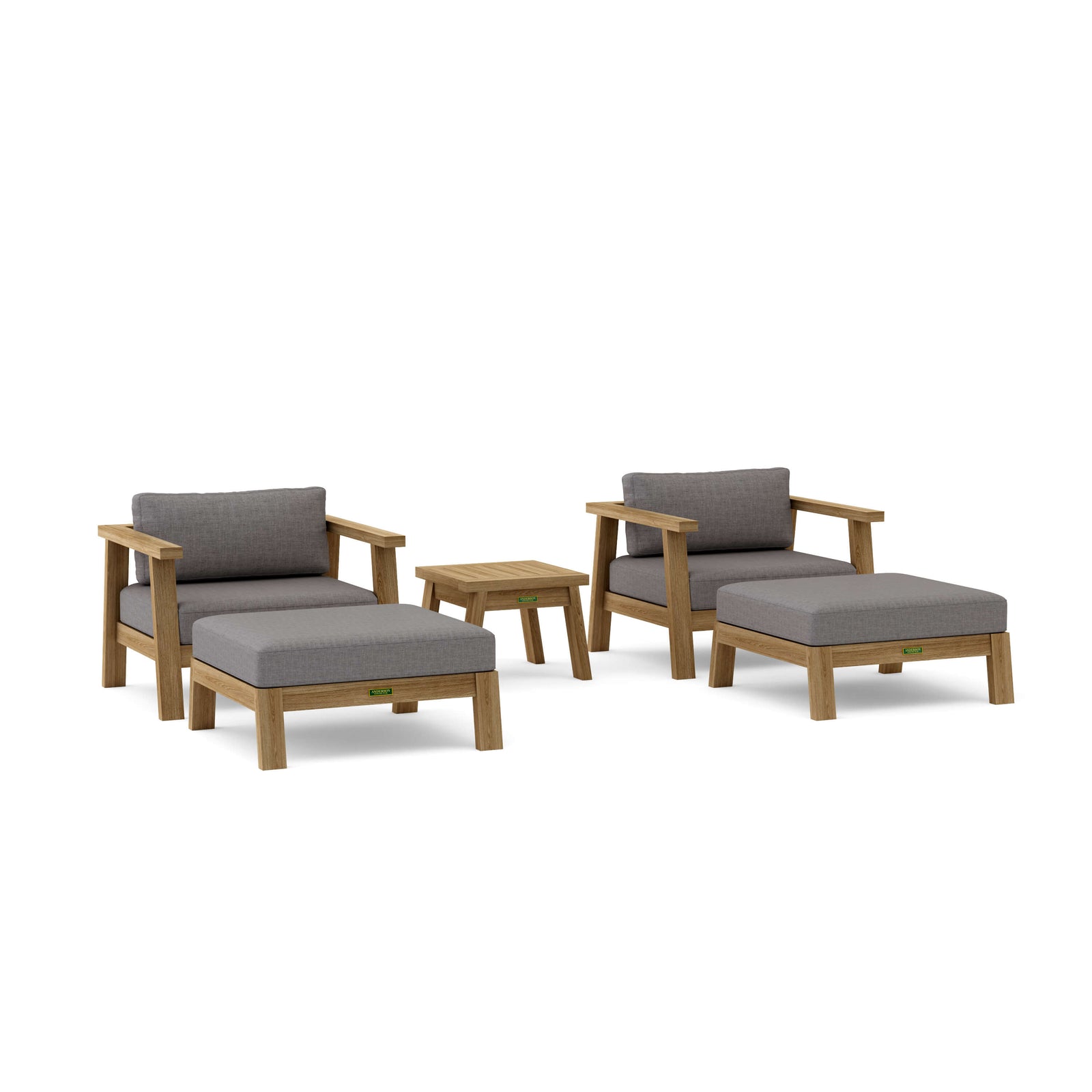Outdoor furniture set with wooden frames and gray cushions on a white background