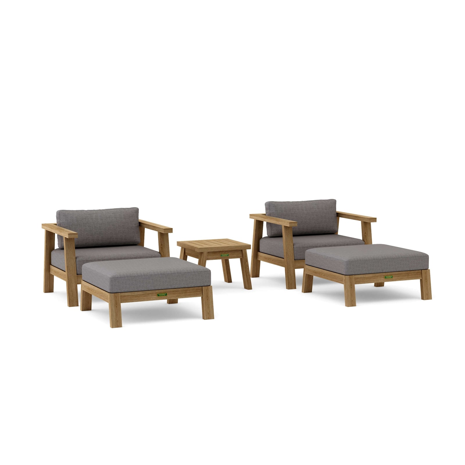 Outdoor furniture set with wooden frames and gray cushions on a white background