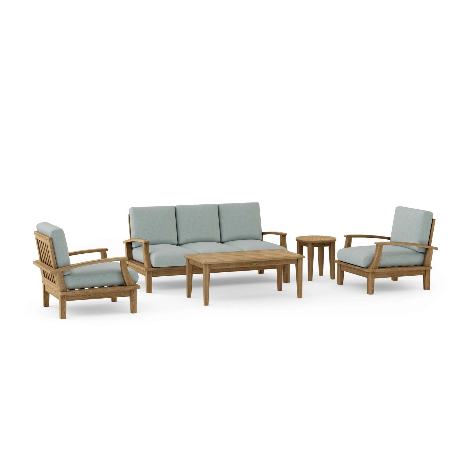 Outdoor furniture set with wooden frames and light gray cushions on a white background