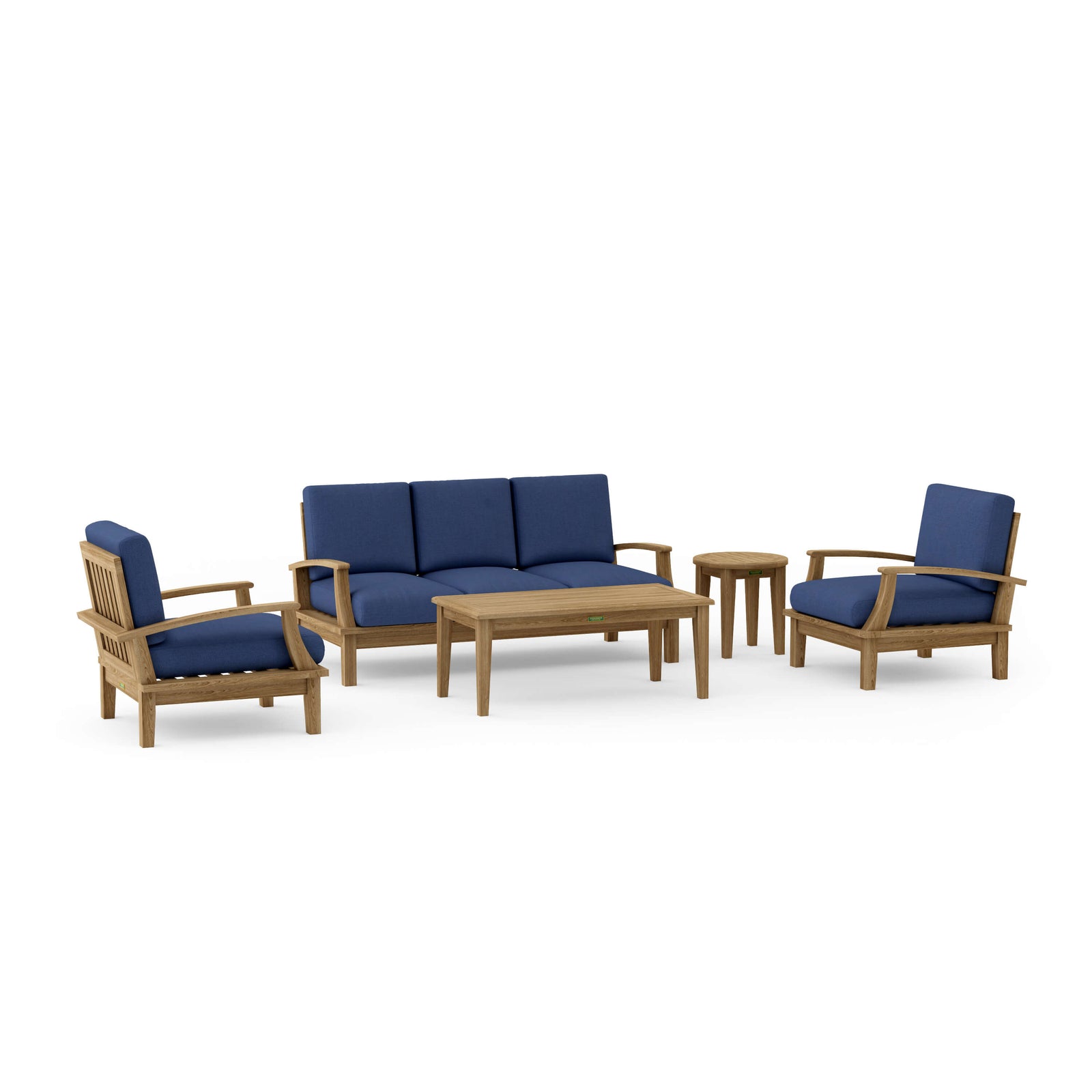 Outdoor furniture set with blue cushions and wooden frames on a white background